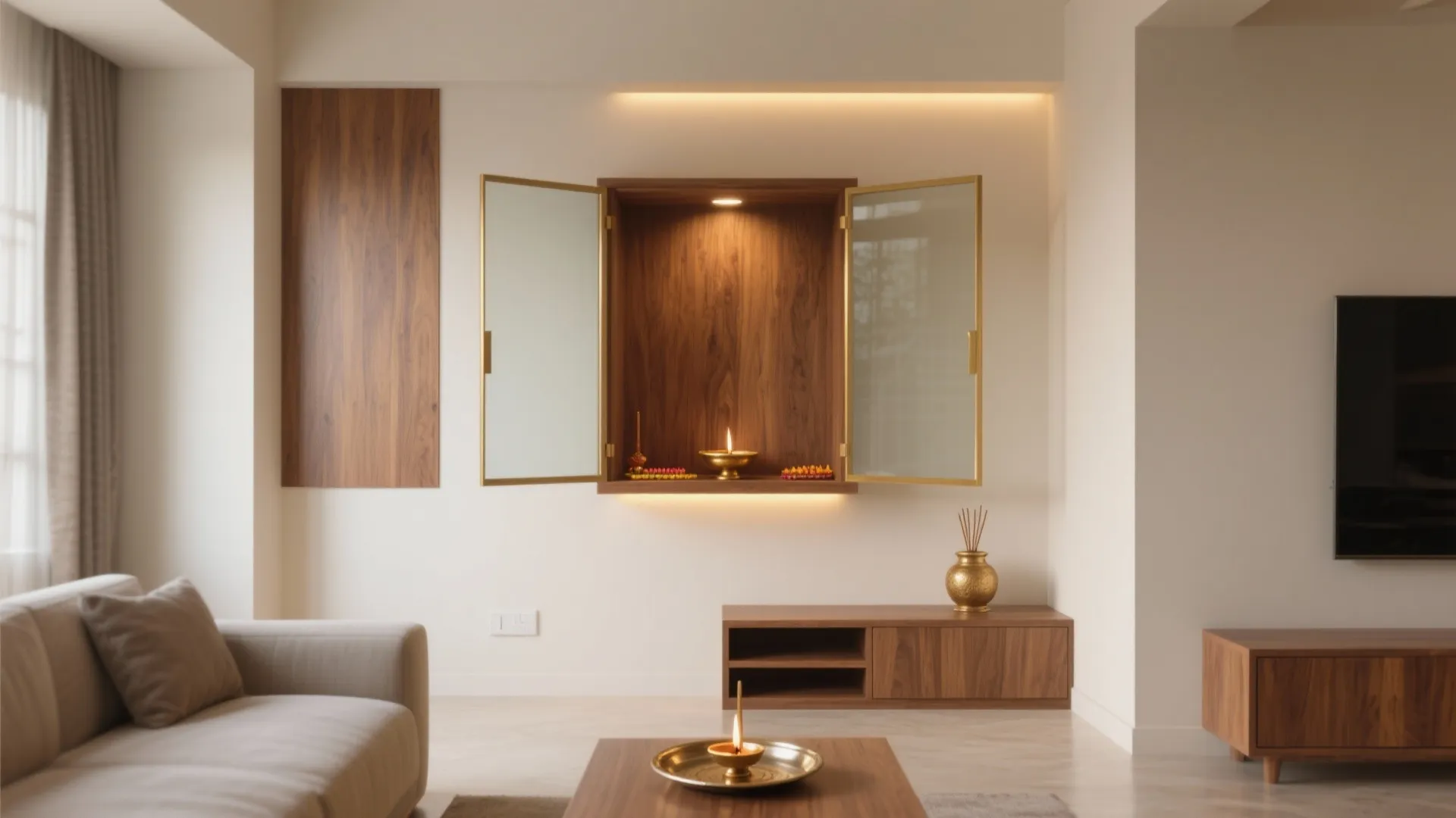 Living room interior featuring wooden prayer cabinet glass doors grey sofa and small media table
