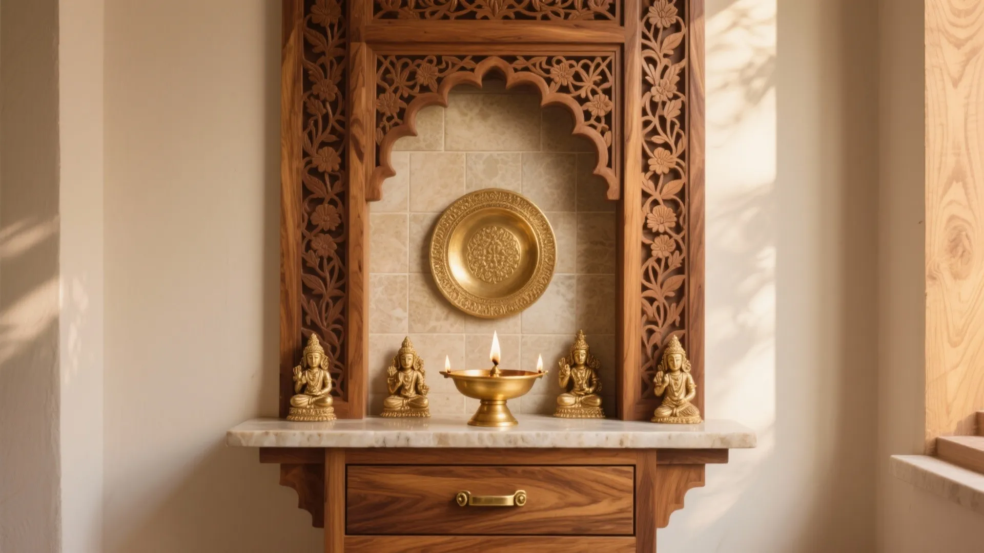 1) Carved Wood Mandir Wall with Hidden Storage