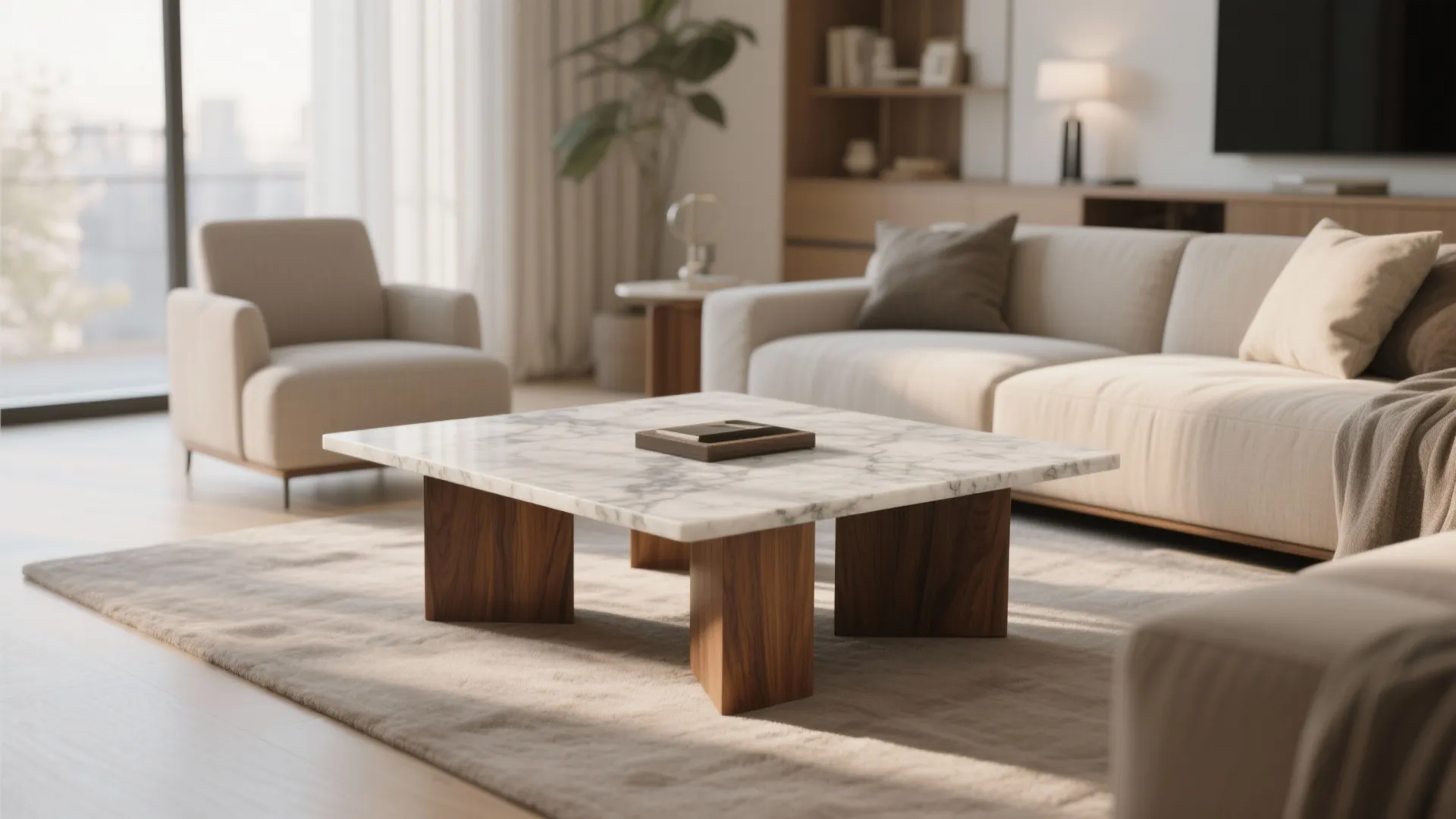 Modern living room with marble top coffee table wooden legs beige sofa and natural light