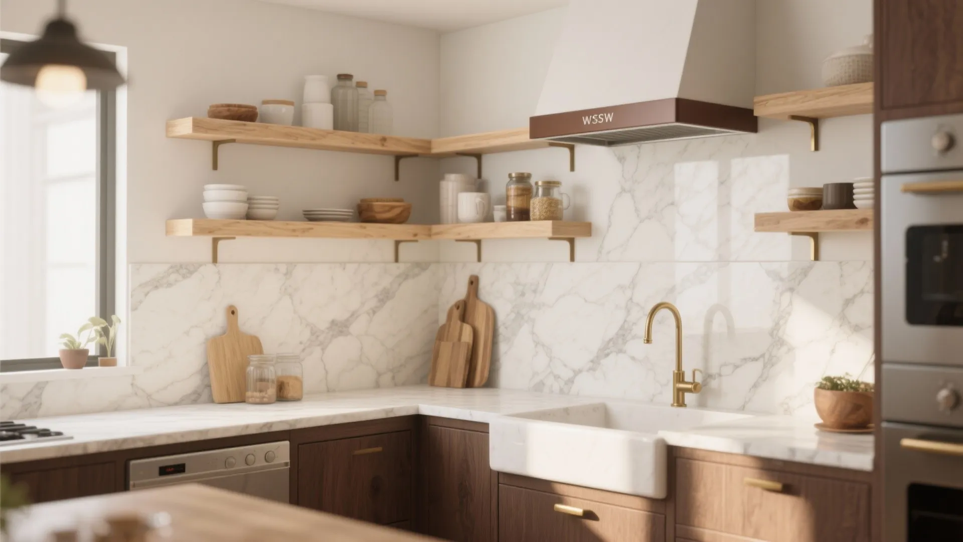 Warm wood accents balancing cool marble paint