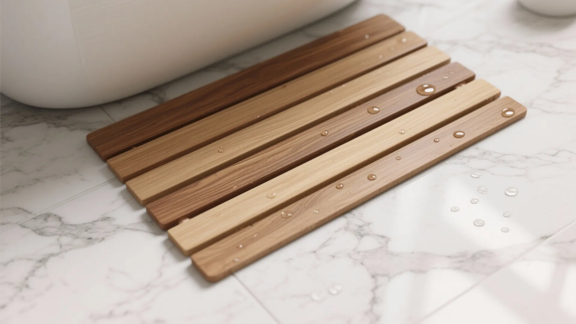 4. Wooden Slatted Floor Mat on White Marble