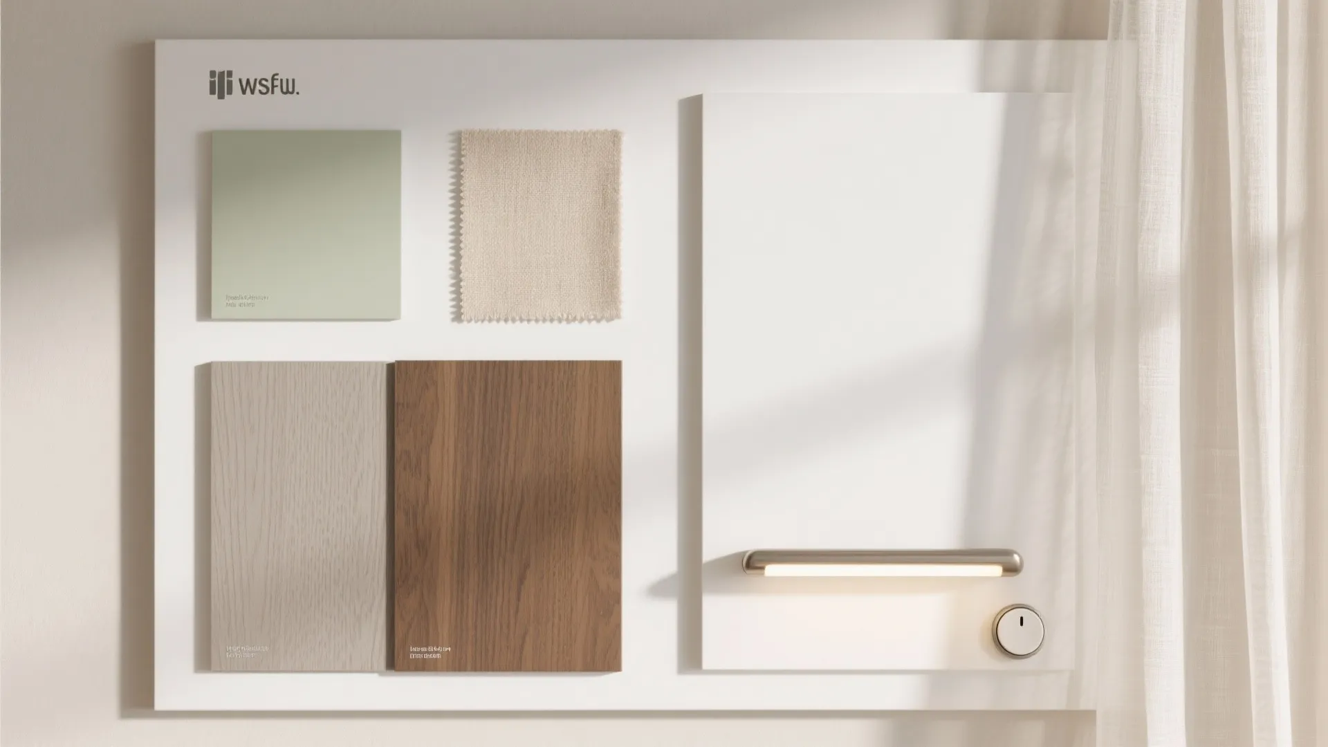 Flat lay of ash and walnut laminates with matte white, sage paint, fabric, and hardware.