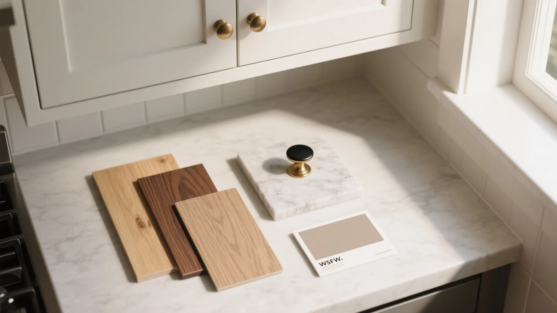 Flat lay of oak and walnut samples, warm white paint, pale stone, and metal hardware for a cozy small kitchen palette.