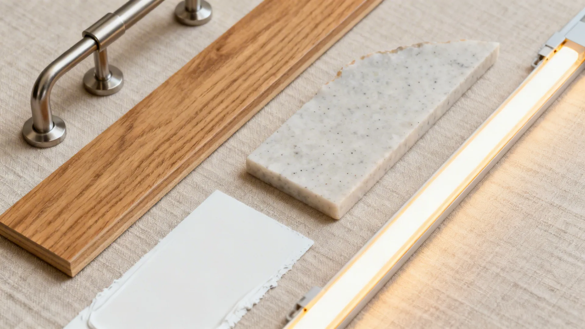 Flat lay of oak-look laminate, real wood veneer, pale quartz, satin-white paint, and brushed hardware.