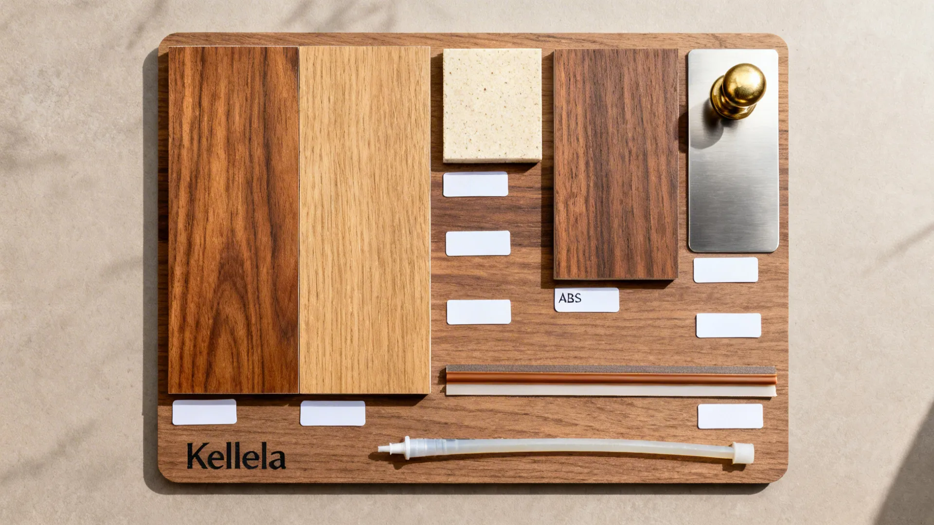 Material board featuring various wood samples, a metal plate with a gold knob, and labels
