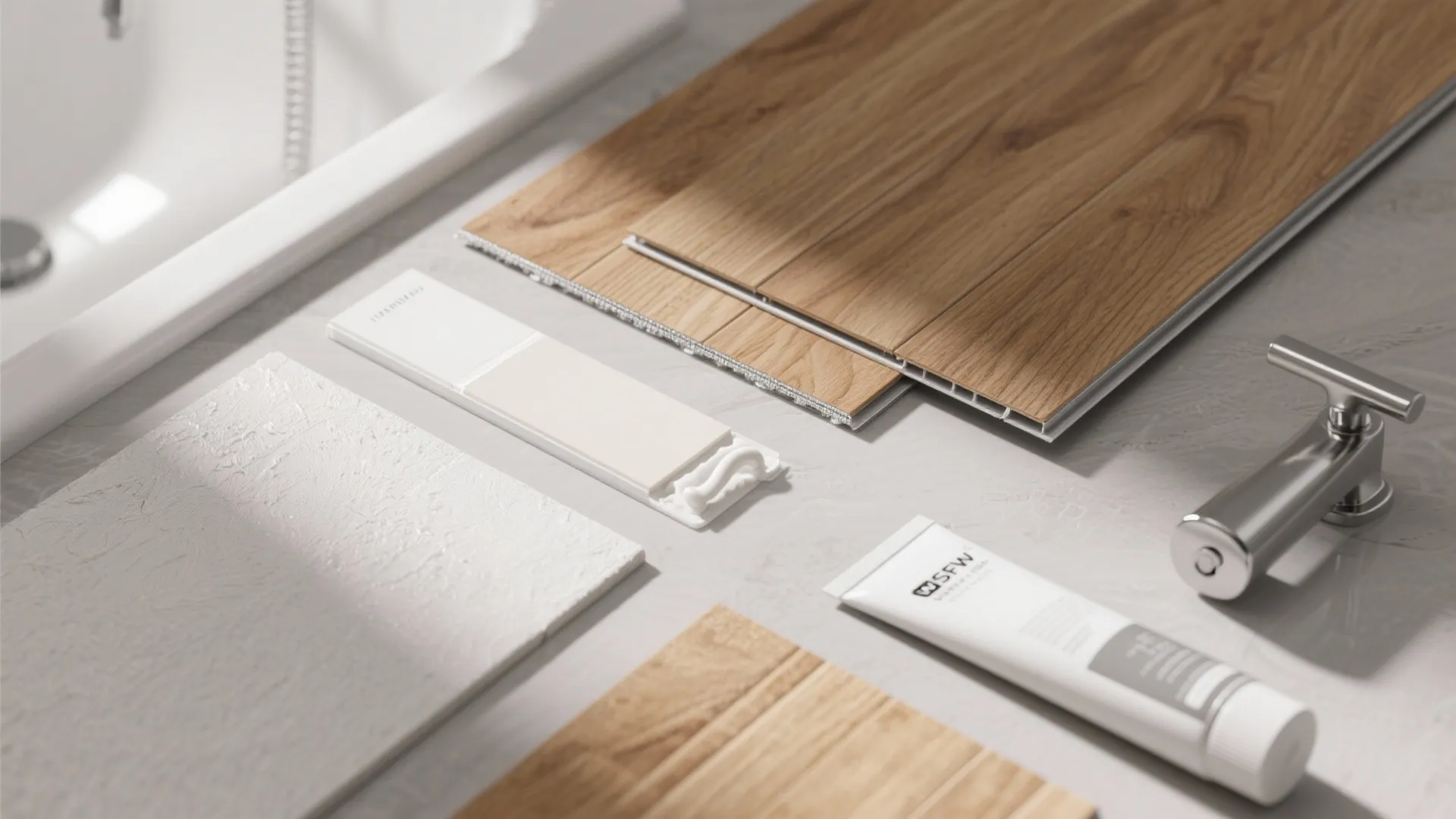Wood flooring samples with white tile and glue tube displayed on a neutral grey table
