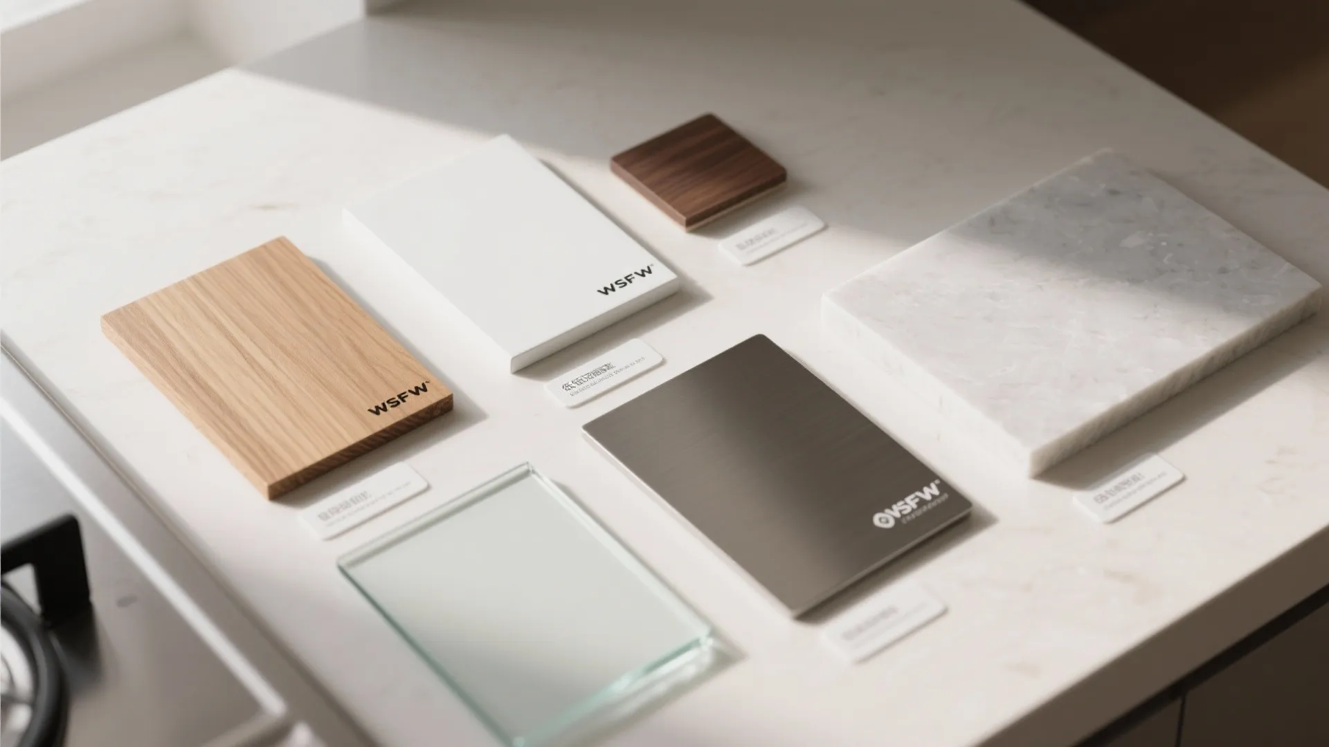 Flat lay of oak, walnut, matte white, low-iron glass, stainless, and quartz samples.