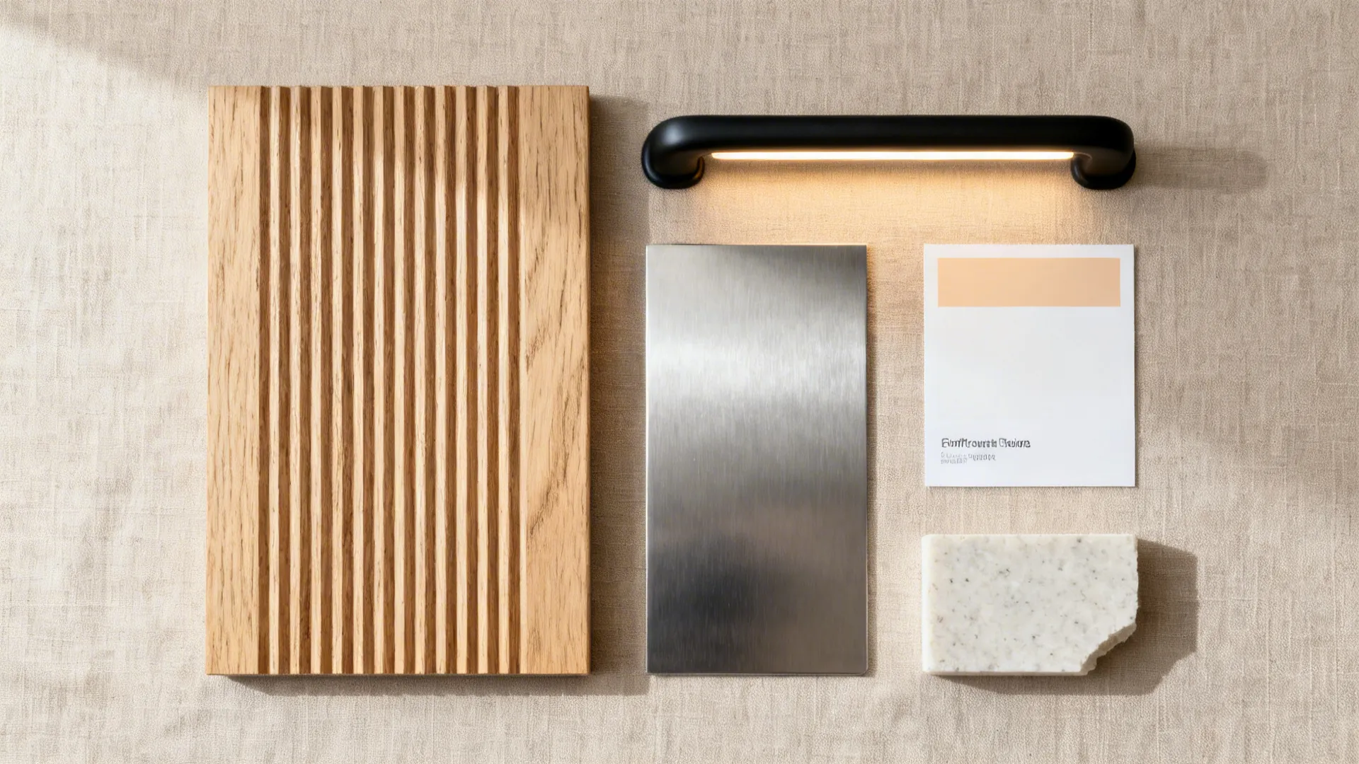Top-down materials board with oak veneer, quartz, stainless, black pull, and warm white paint.