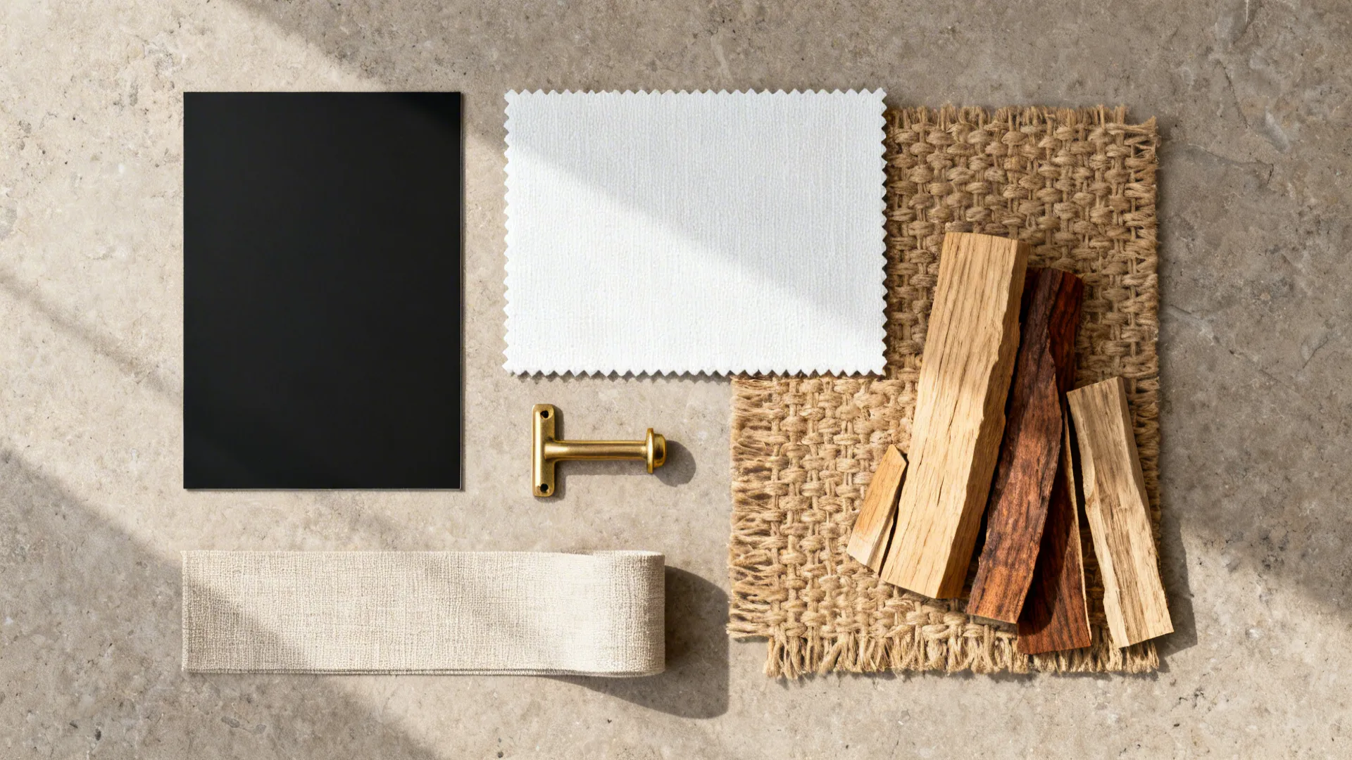 Material flat lay with matte black, white fabric, oak, walnut, jute, linen, and brass.