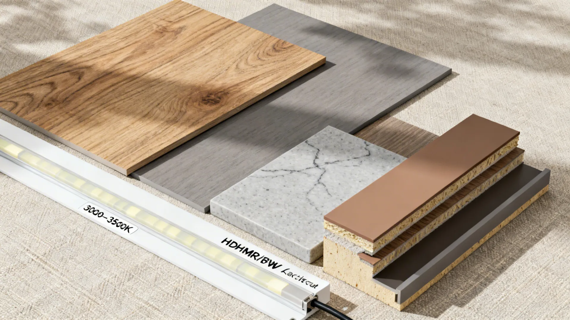 Material flatlay with wood-look laminate, warm grey matte, quartz, ABS edge, and core samples.