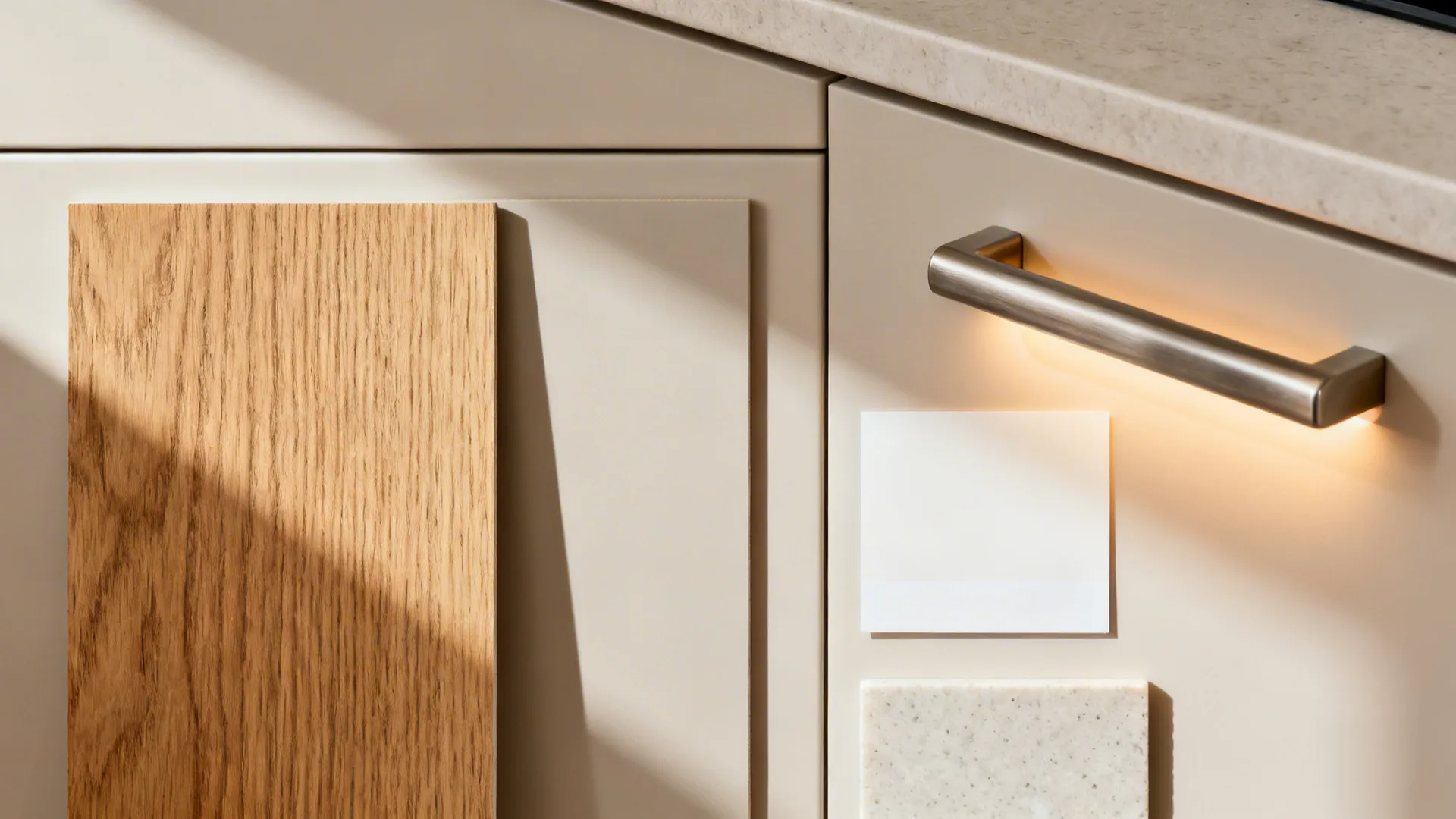 Close up view of kitchen cabinet samples including wood panel stone countertop and metal handle