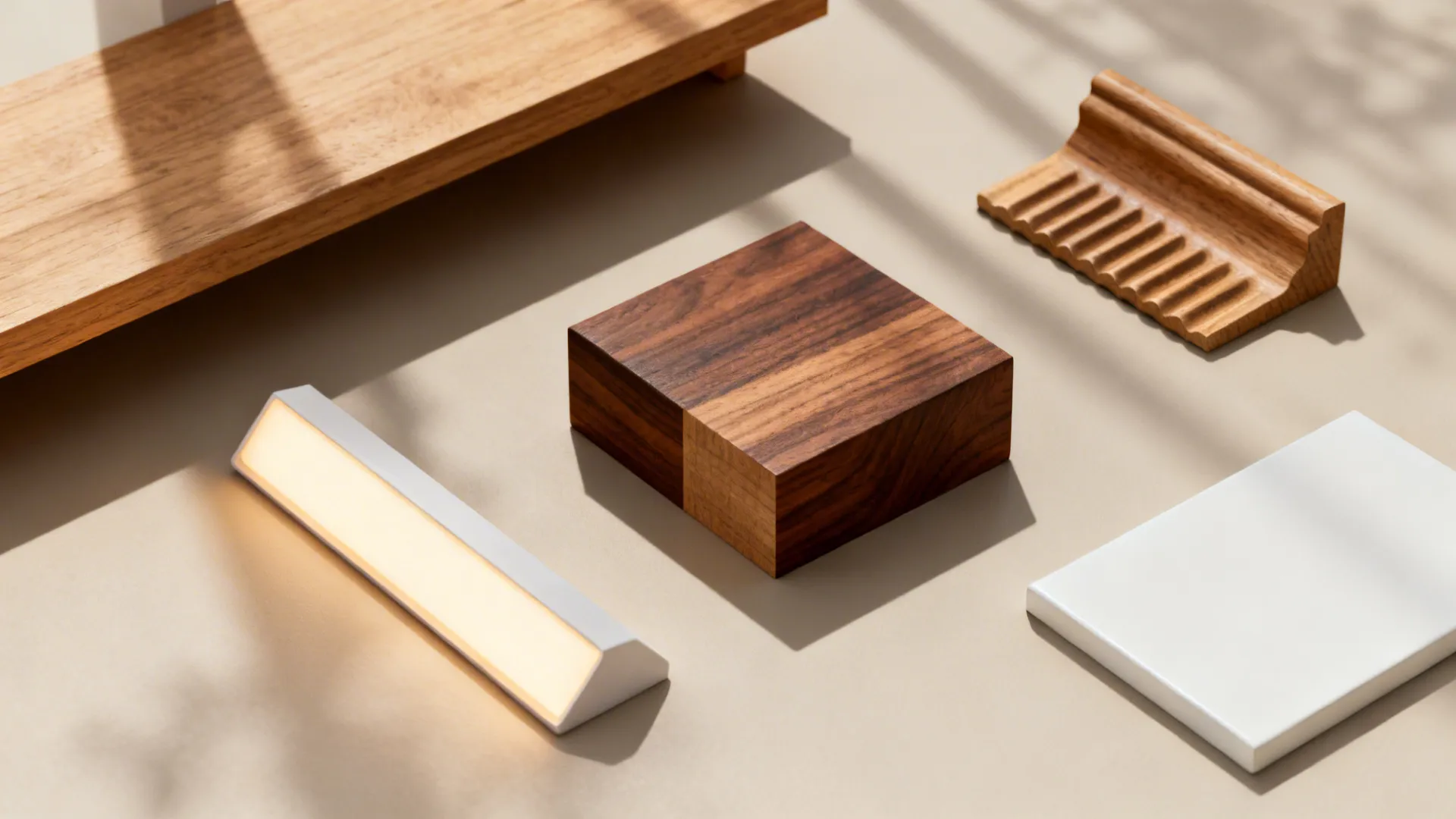 Flat lay of oak and walnut samples with warm white lacquer and LED swatch.