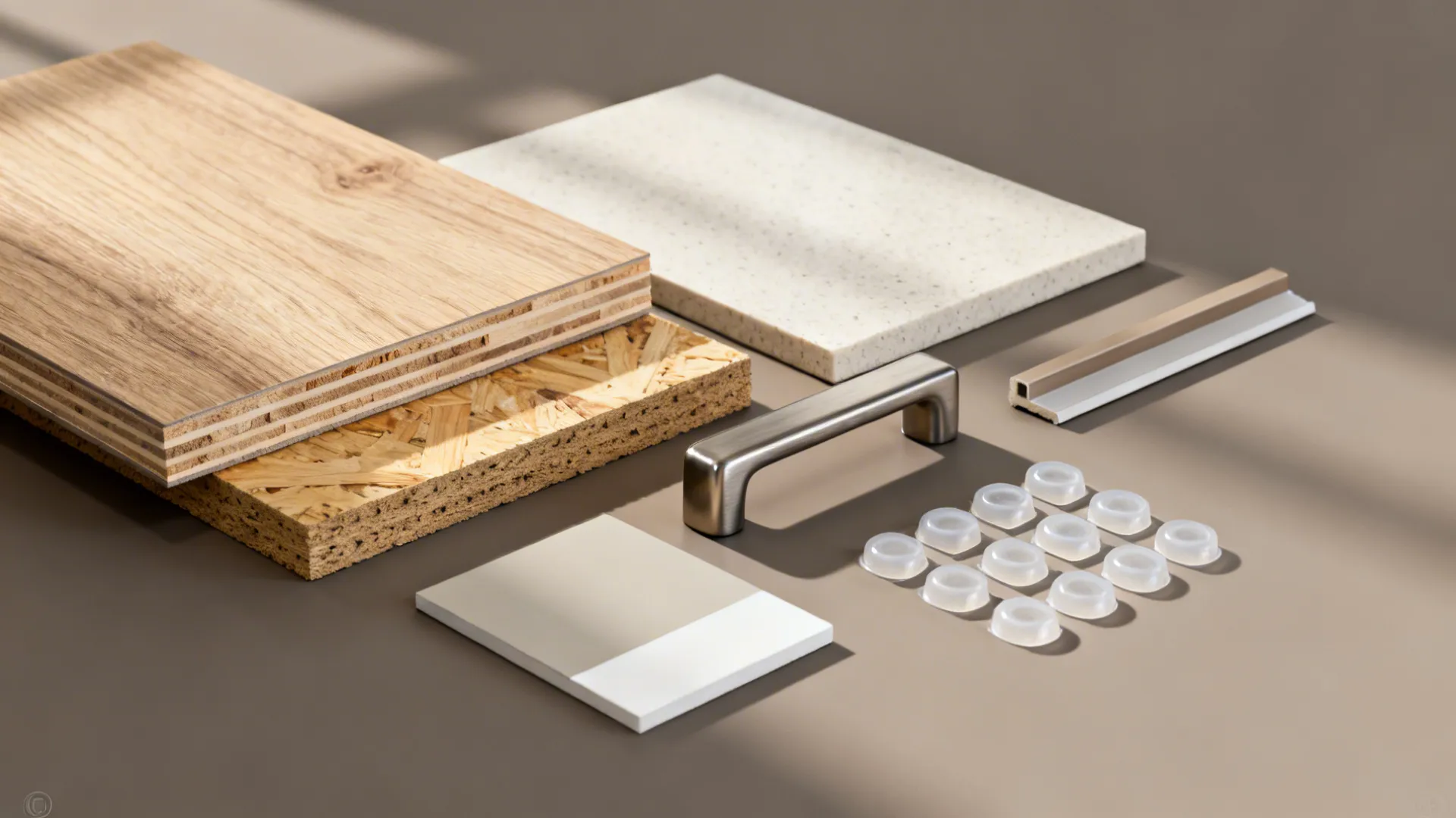 Flatlay of oak veneer, plywood core, neutral paint, quartz, and hardware for durable cabinets.