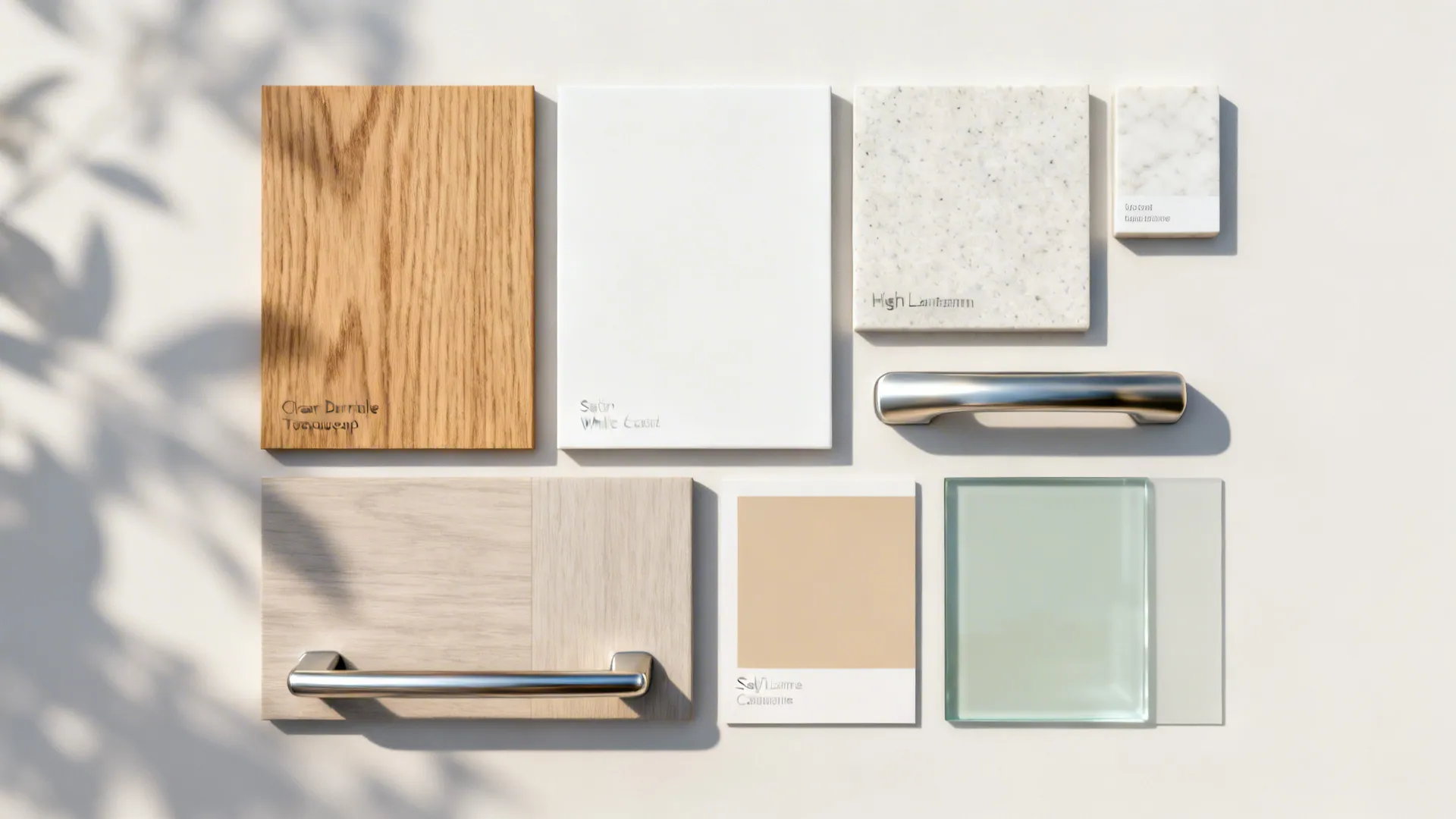 Flat lay of oak veneer, satin white, quartz, laminate, stainless, and sage glass samples.