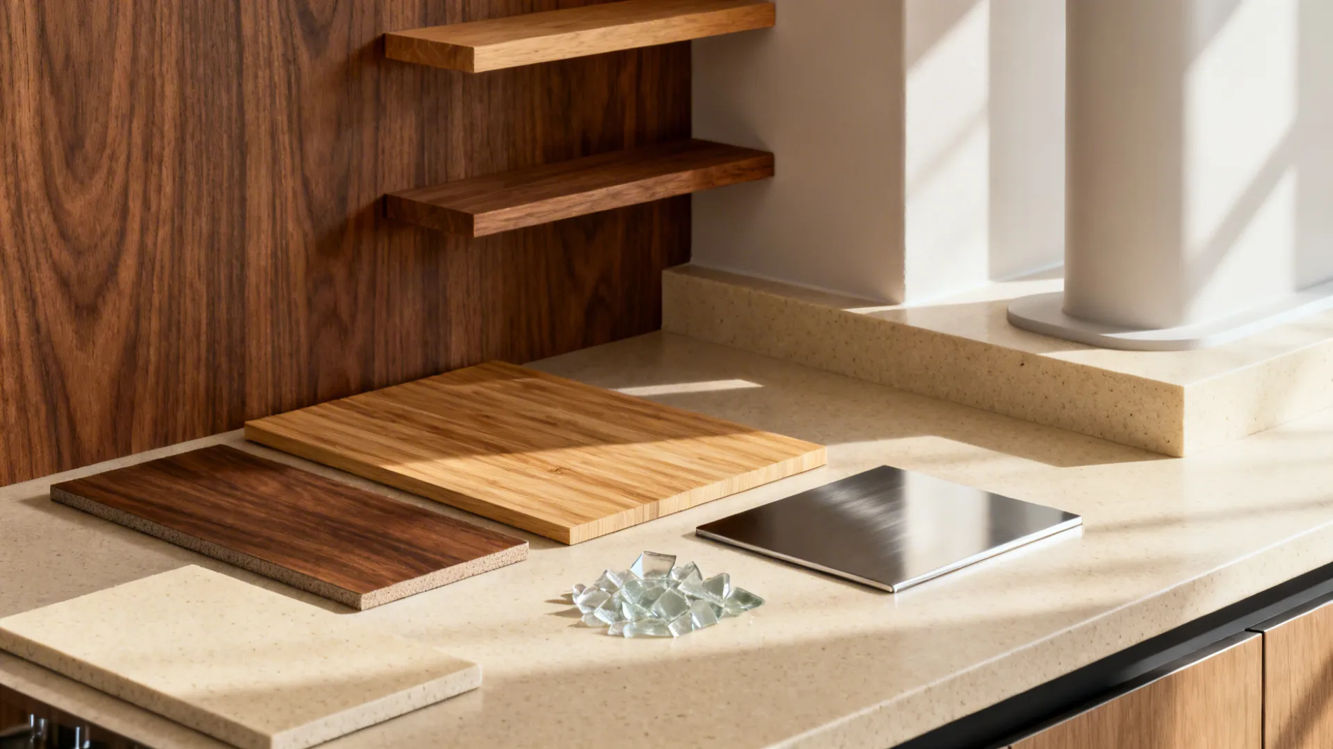 Wood wall panels and shelves shown with metal glass and stone samples for interior design
