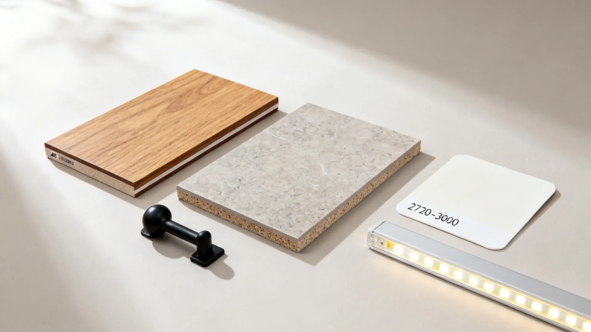 Flat lay of oak veneer, moisture-resistant core, stone-look porcelain, matte hardware, and warm LED sample.