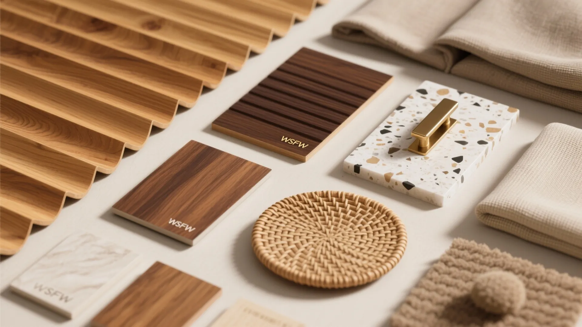 Wood panels stone tiles fabric swatches and a gold handle for an interior design project