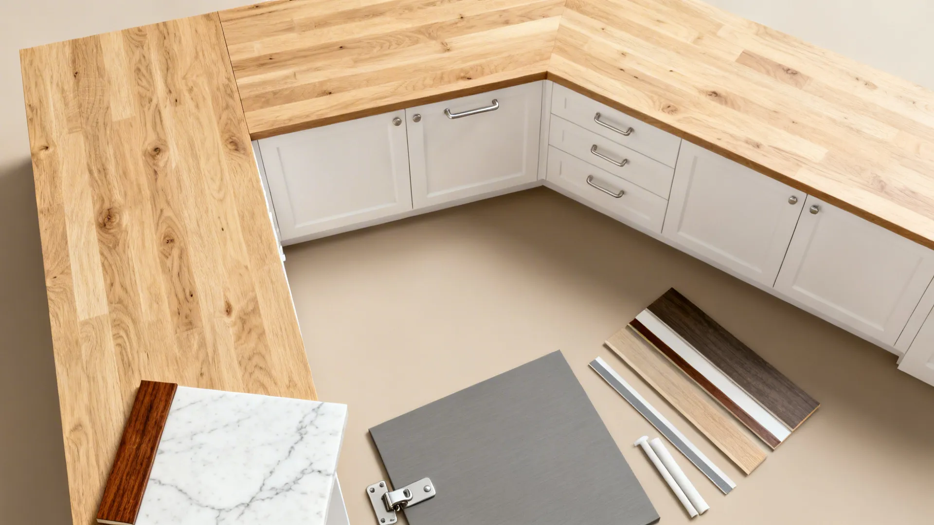 Overhead view showing wood countertops white cabinets and various kitchen material samples on the floor