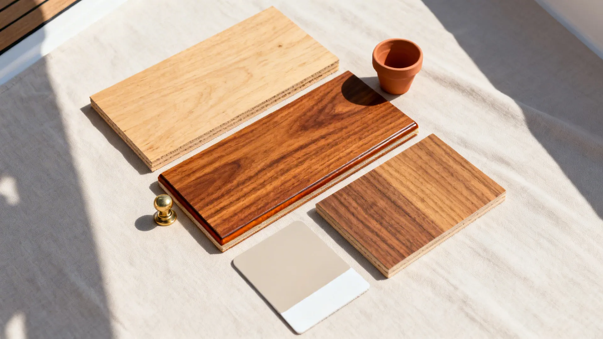 Three wood texture samples with small clay pot gold knob and color swatch on fabric surface
