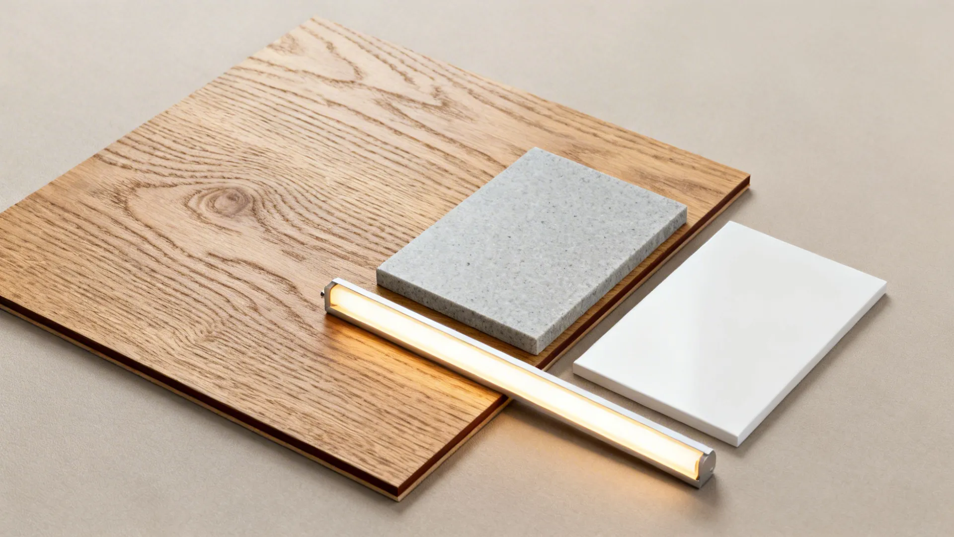 Flat lay of oak-look laminate, real oak veneer, ABS edging, and light grey quartz for balanced warmth.