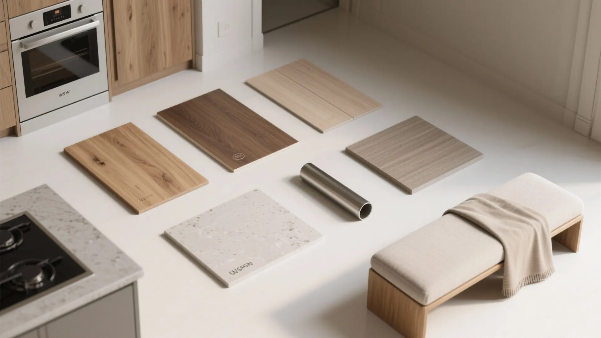 Interior design materials showing wood panels stone tile and metal tube on a white floor