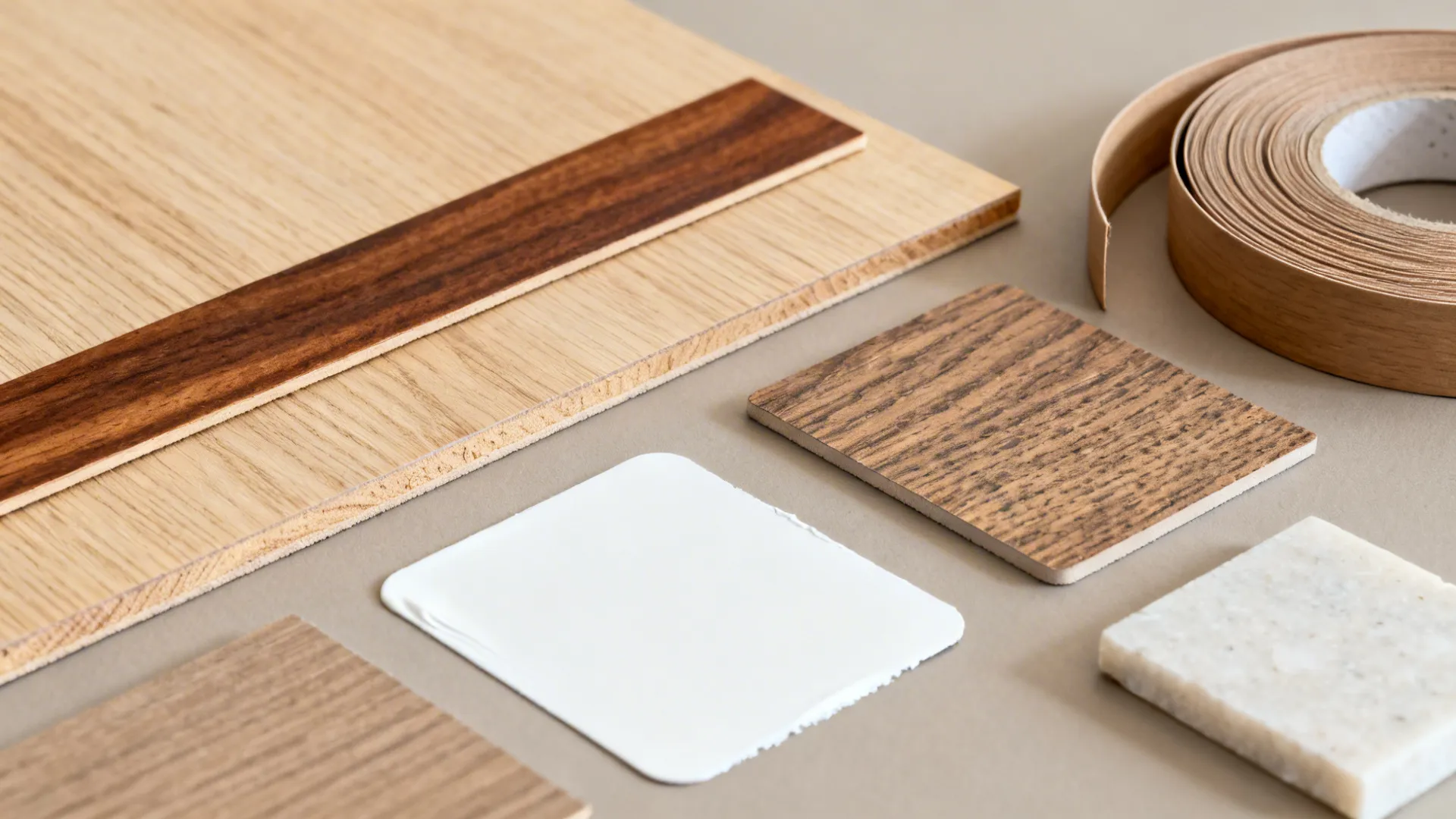 Flat lay of oak and walnut veneers, edge banding, wood-look melamine, white paint, and quartz samples.