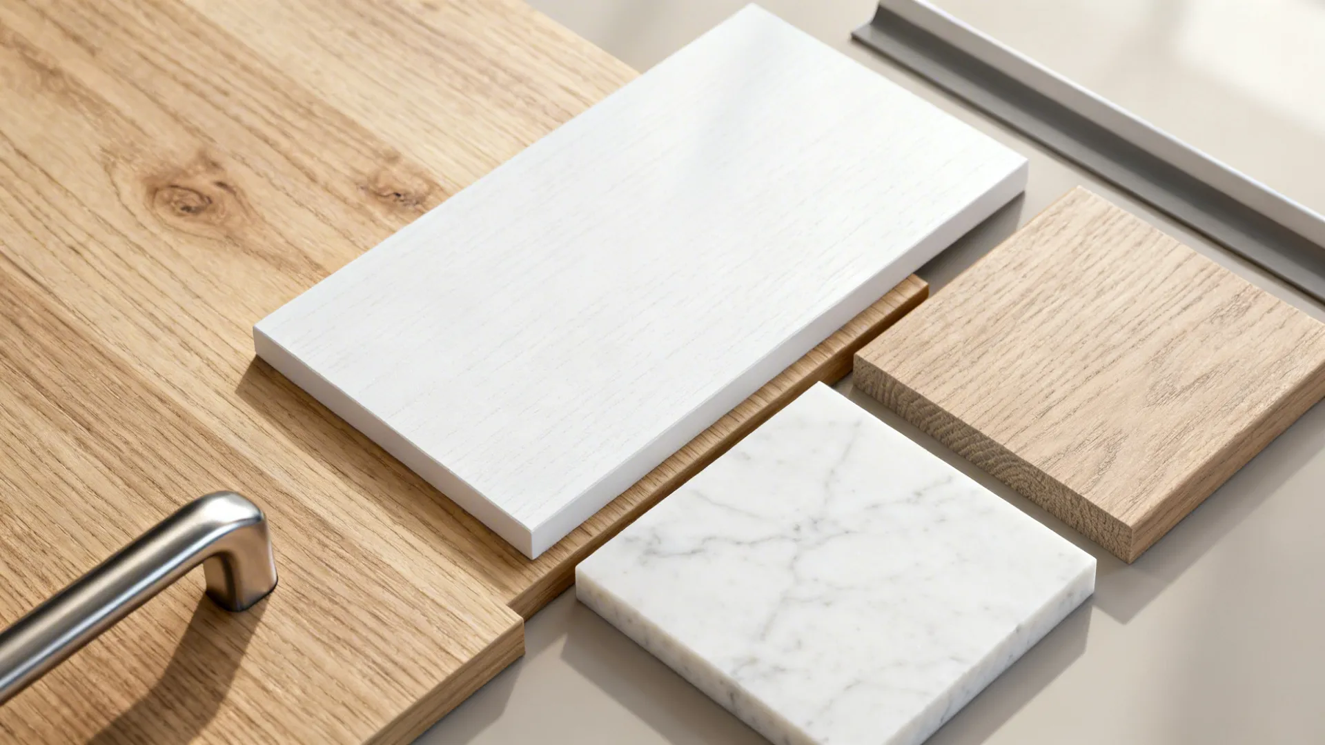 Flat lay of light oak veneer, matte white laminate, white quartz, and hardware.