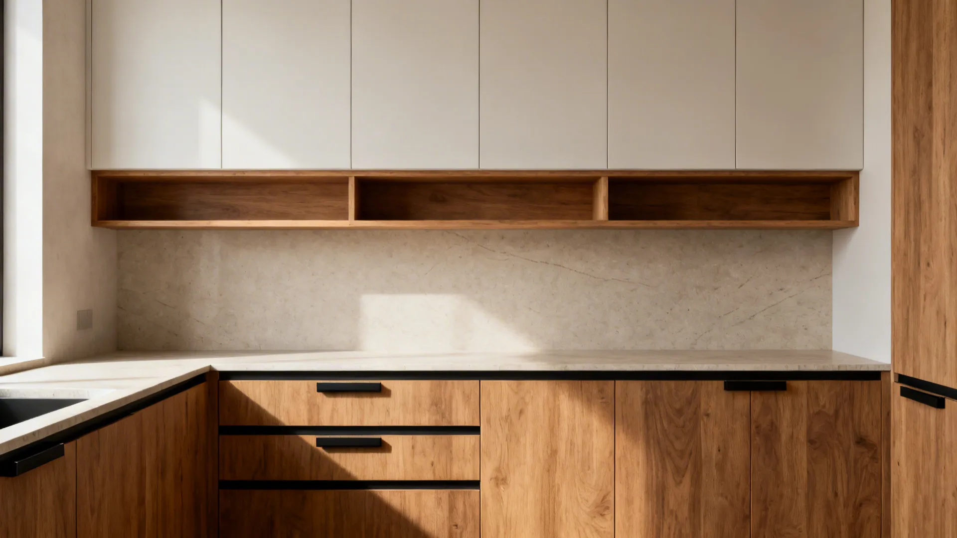 Small kitchen with walnut base cabinets, matte light uppers, and bronze pulls in soft daylight.