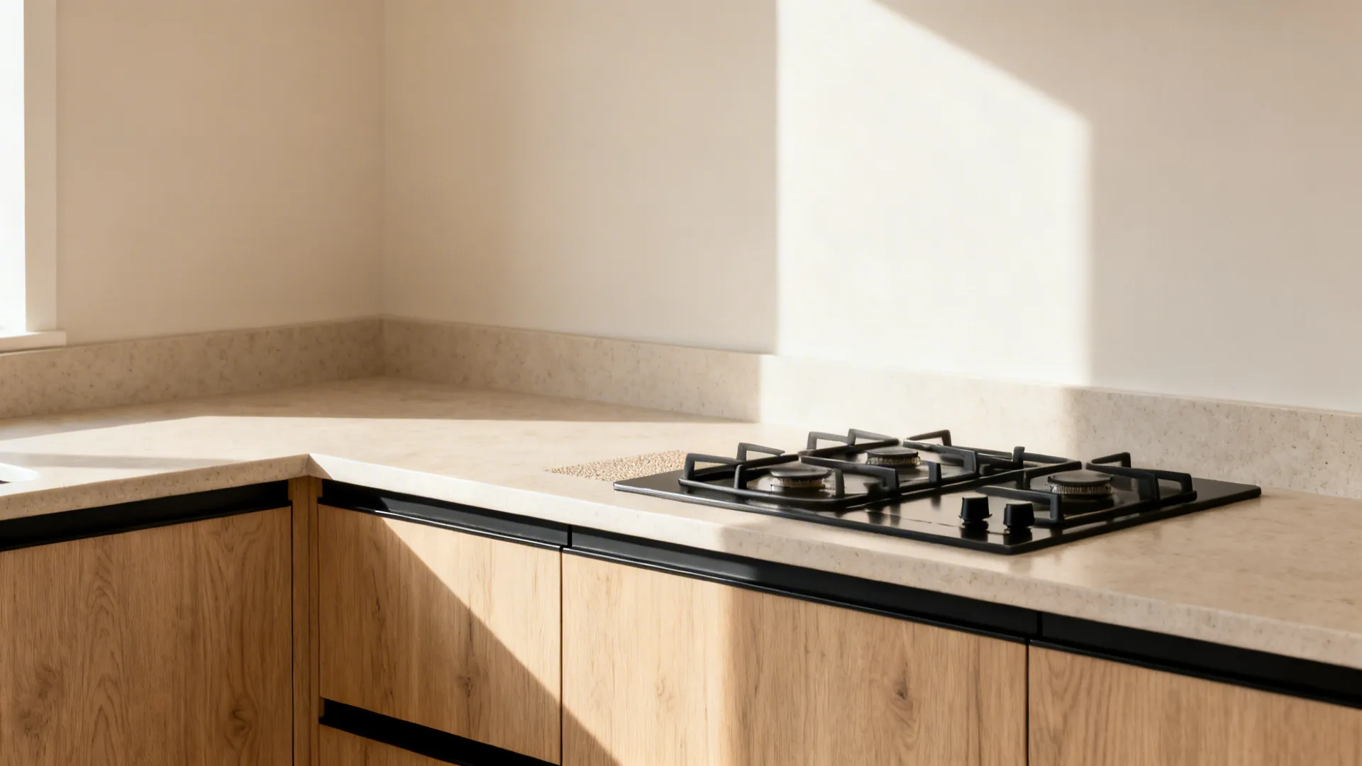 Modern kitchen counter with light wood cabinets black gas stove top and sunlight on wall