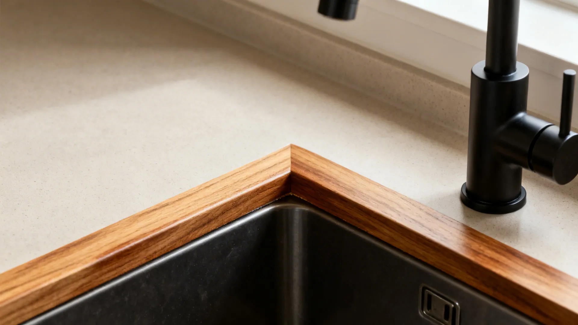 Close-up of an oil-finished wood rail paired with a matte faucet near a compact sink.