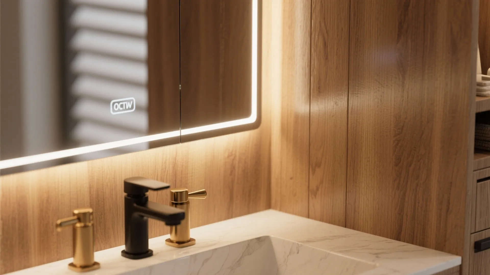 Modern bathroom sink area with wood wall panel lighted mirror black faucet and gold metal soap