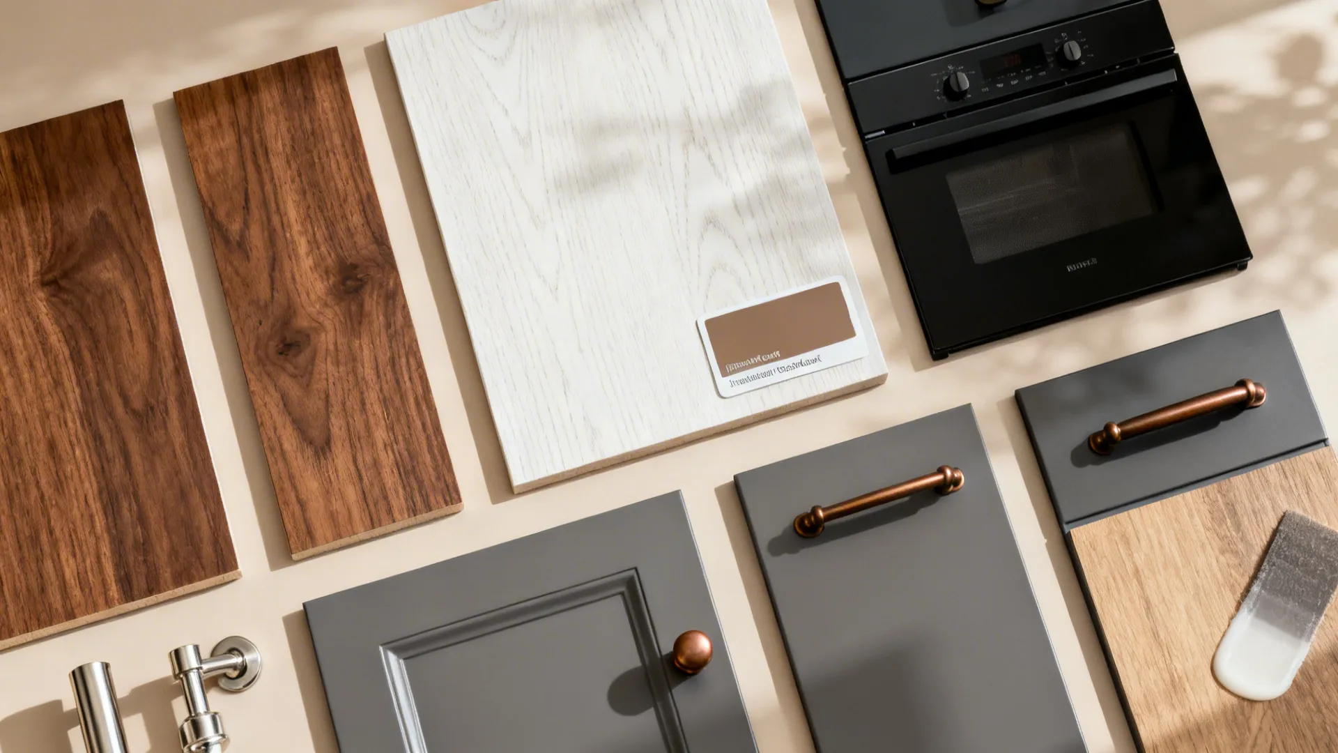 Flat lay of walnut and oak veneers with matte graphite panels and brushed metal hardware.