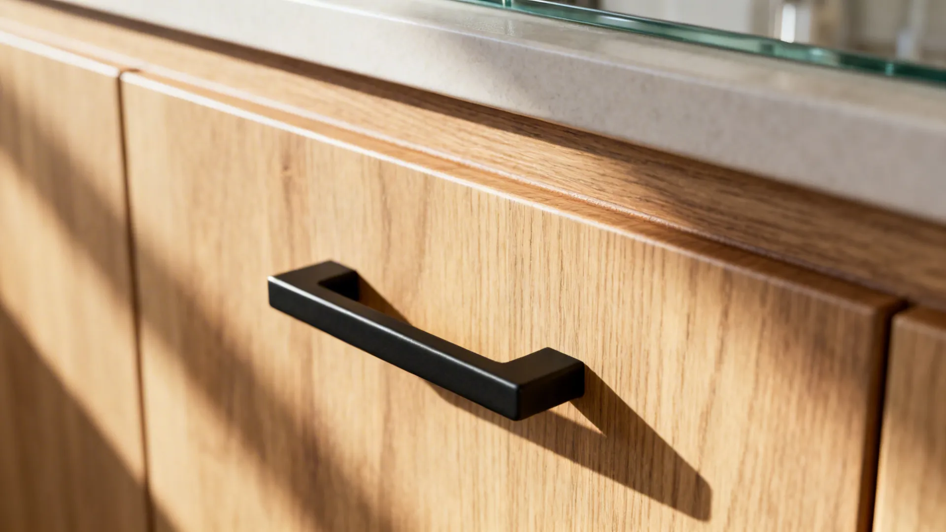 Macro of light oak cabinet with matte black pull beside a glass backsplash edge.