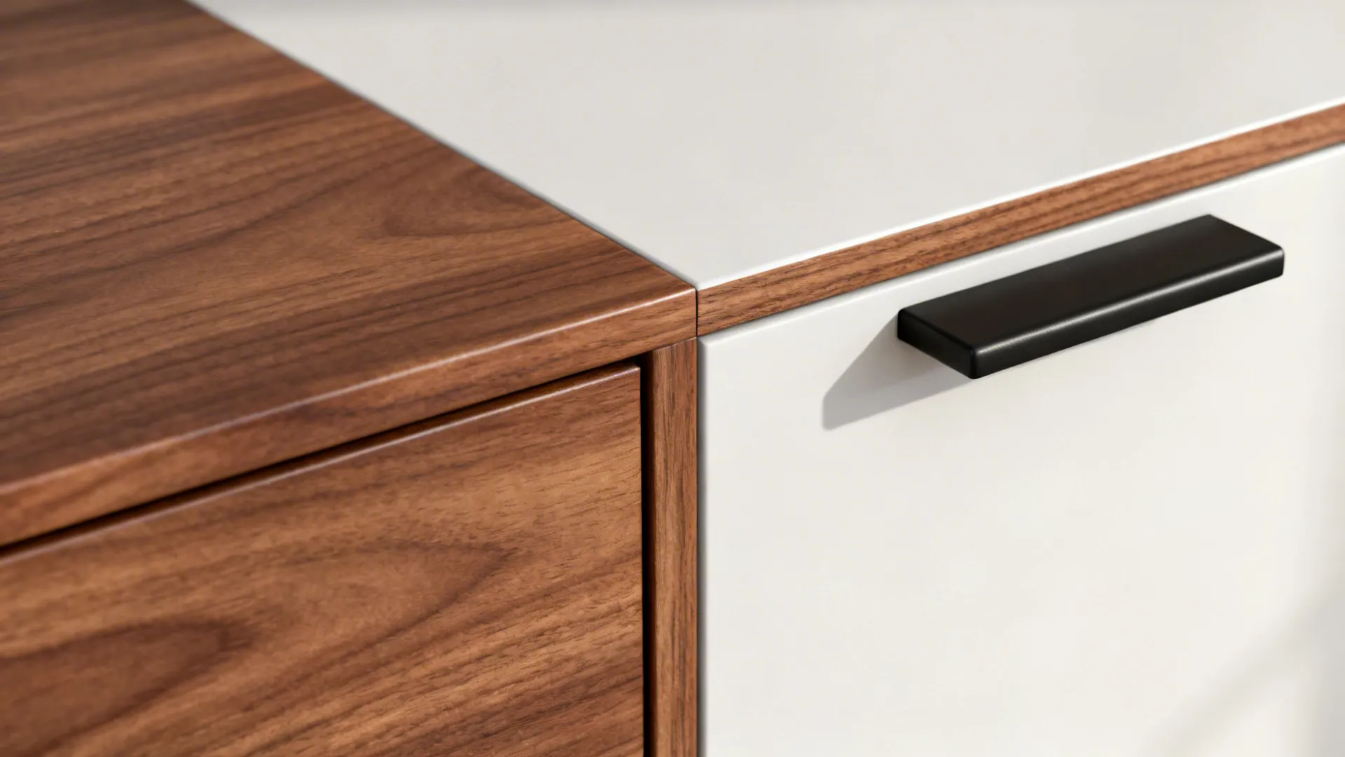 Macro detail of walnut drawer front with matte black pull next to a white panel.