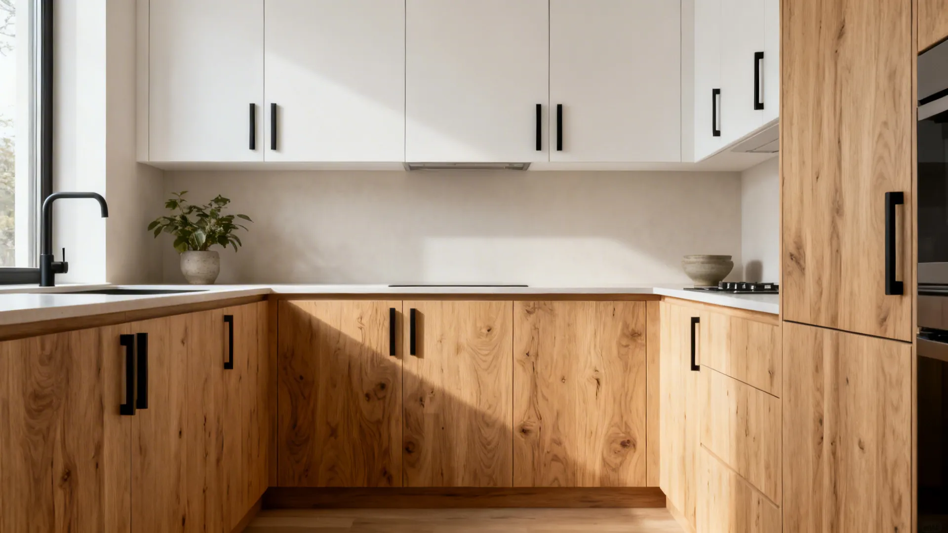 Studio kitchen with rift-cut oak lowers, satin white uppers, and slim matte black pulls for warm balance.