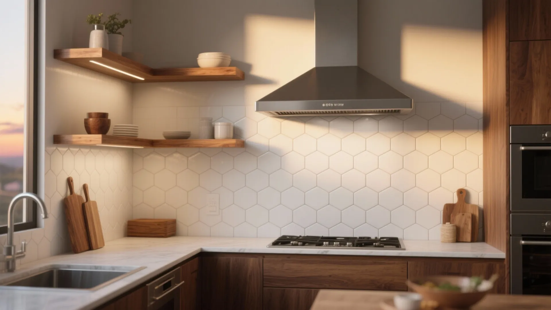 Modern kitchen with wood cabinets white hexagon tile backsplash stove range hood and open wooden shelves