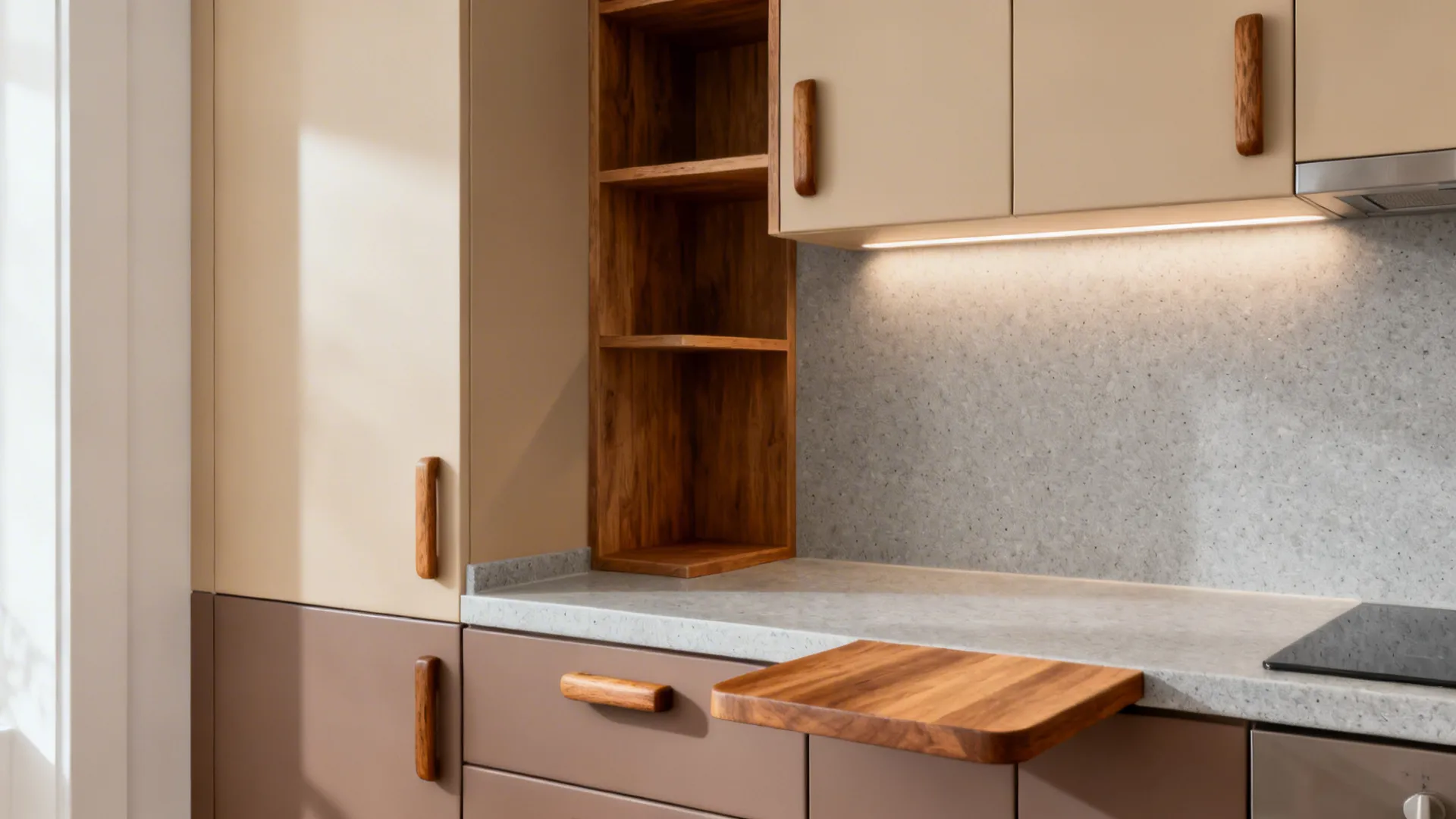 Warm wood accents with matte laminates for easy care