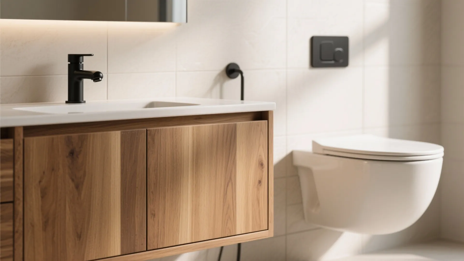 Close up of a wooden bathroom cabinet with black water tap and white wall toilet