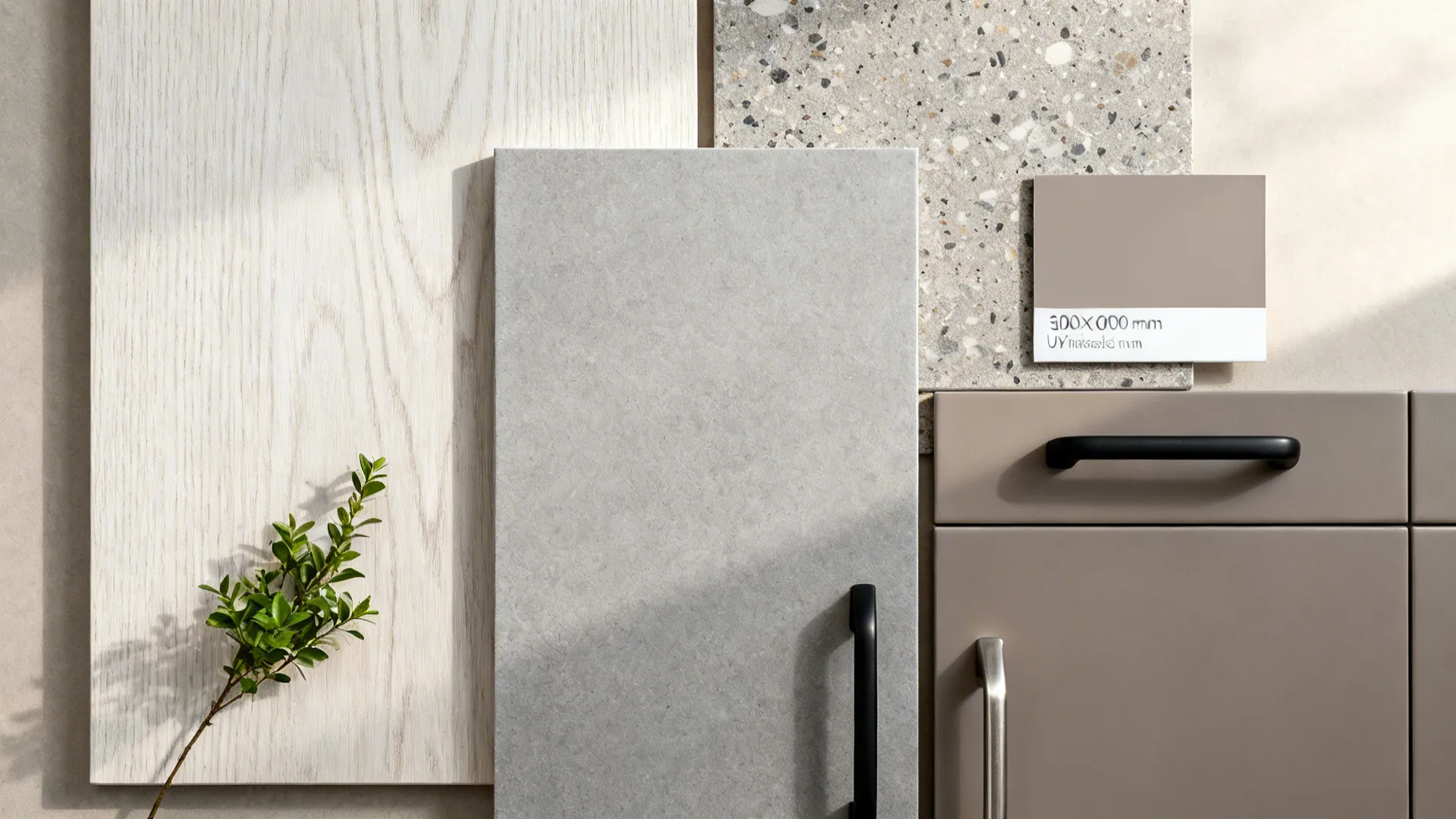 Flatlay of light oak, soft gray matte quartz, matte tiles, and matte metal handles in soft daylight.