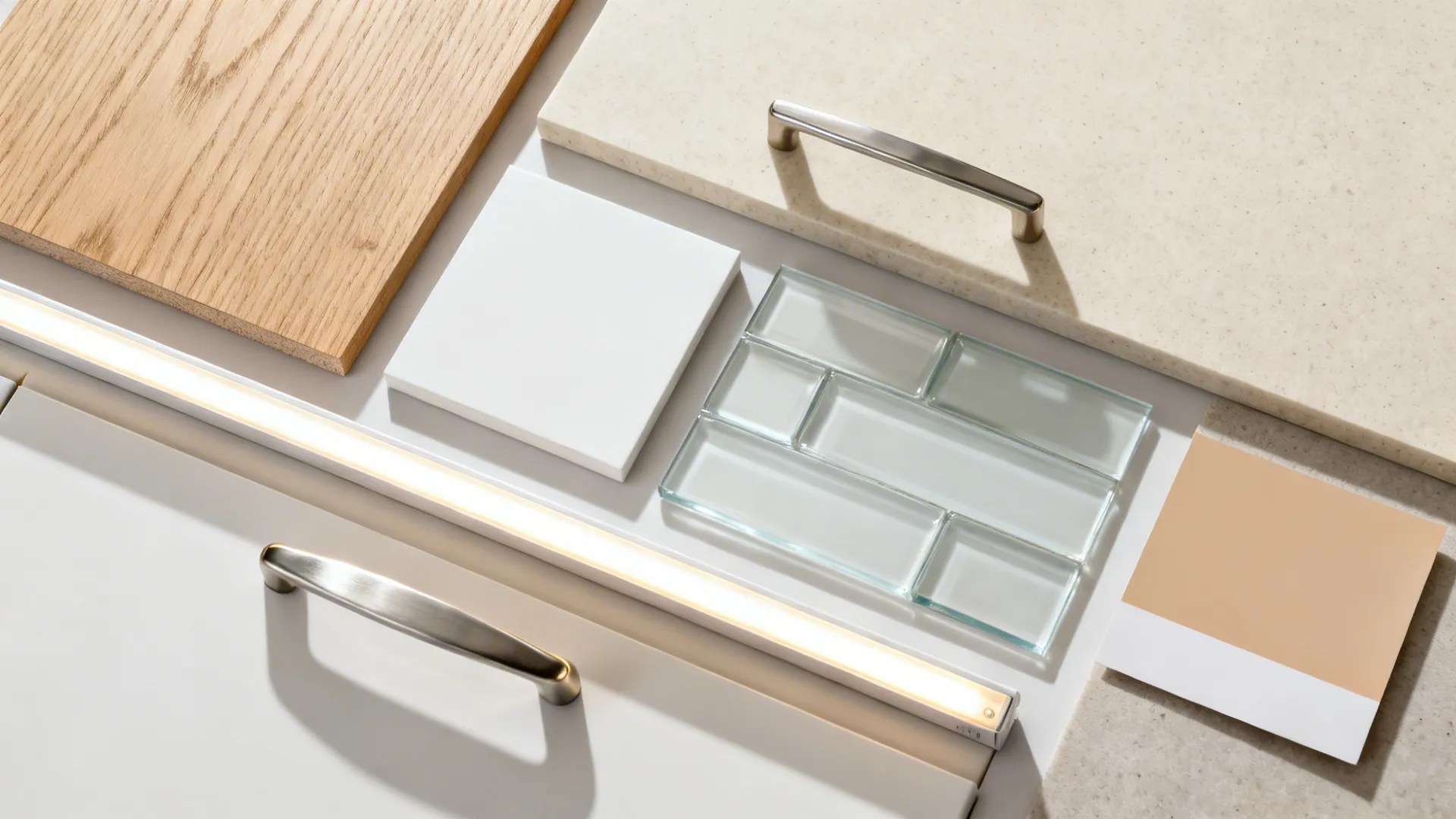 Flat lay of light oak, matte white, satin glass, warm LED, and pale quartz samples.