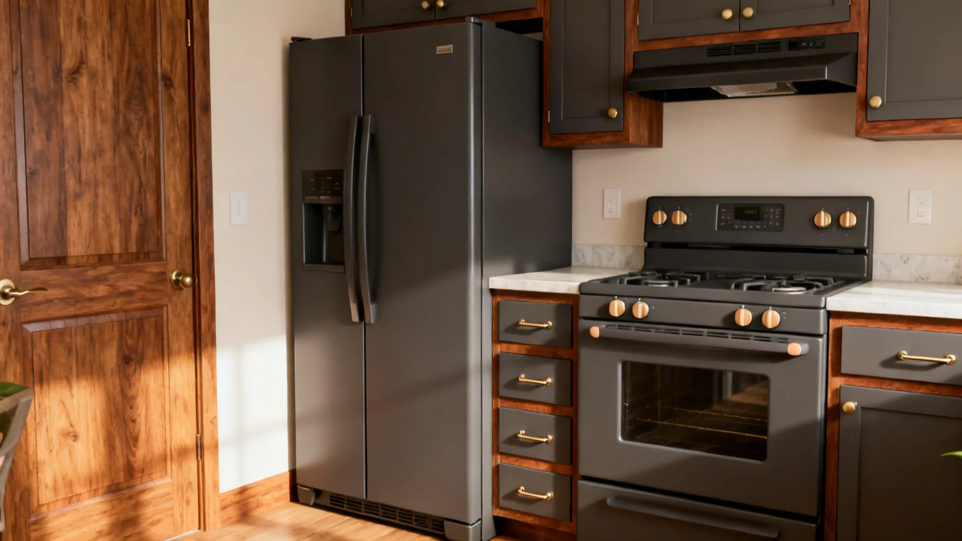 Compact kitchen with walnut accents and matte graphite appliances featuring soft-touch controls.