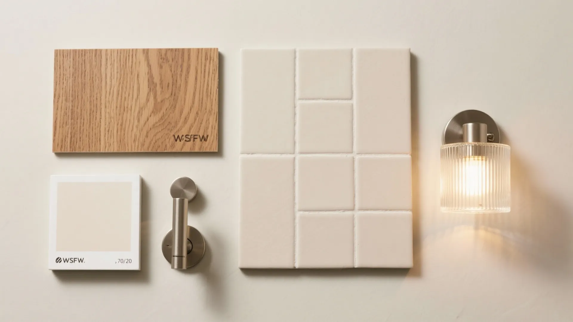 Warm wood accents with light, low-sheen tiles