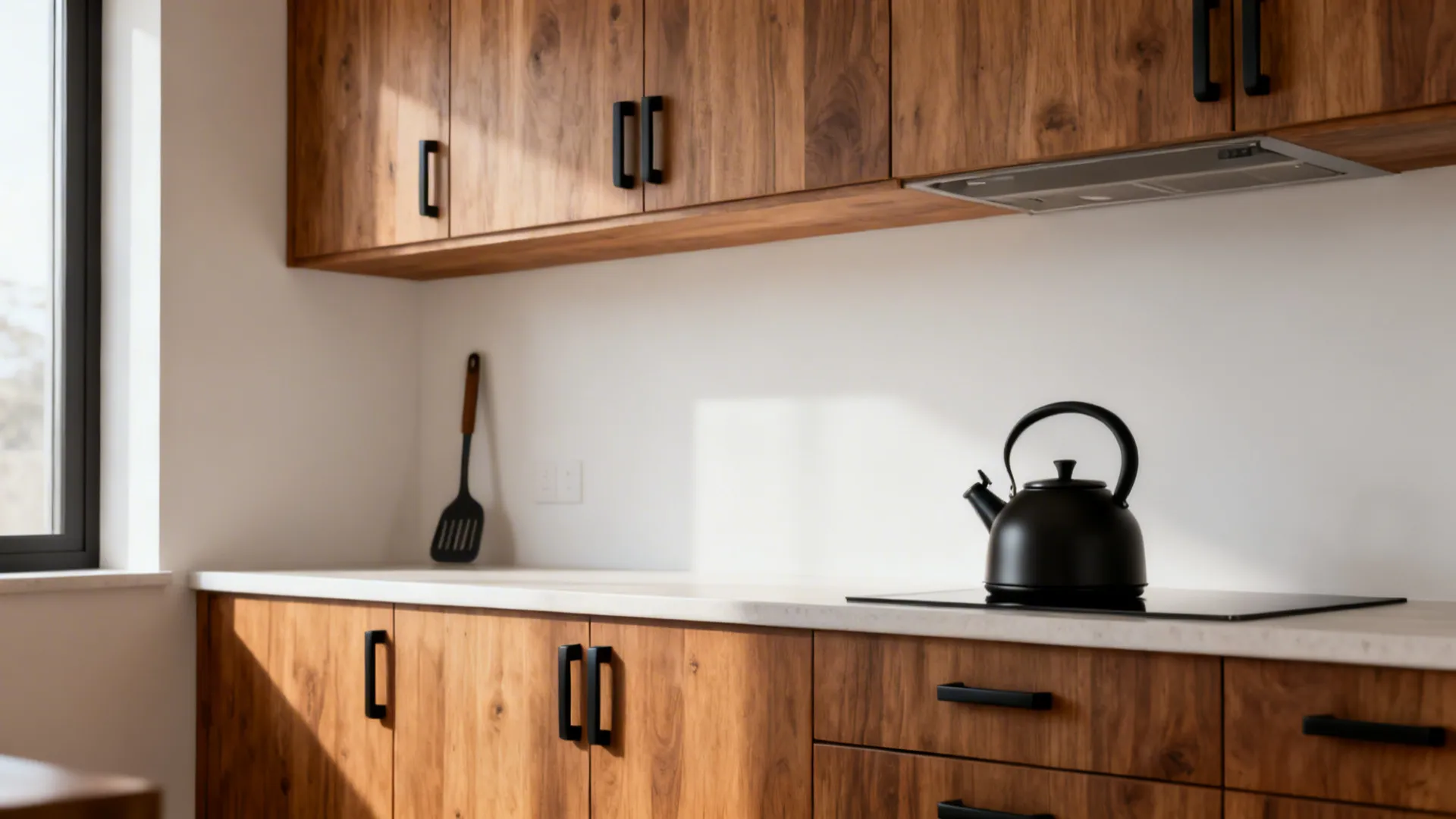 Warm wood kitchen with matte black hardware and kettle under soft daylight and rim light.