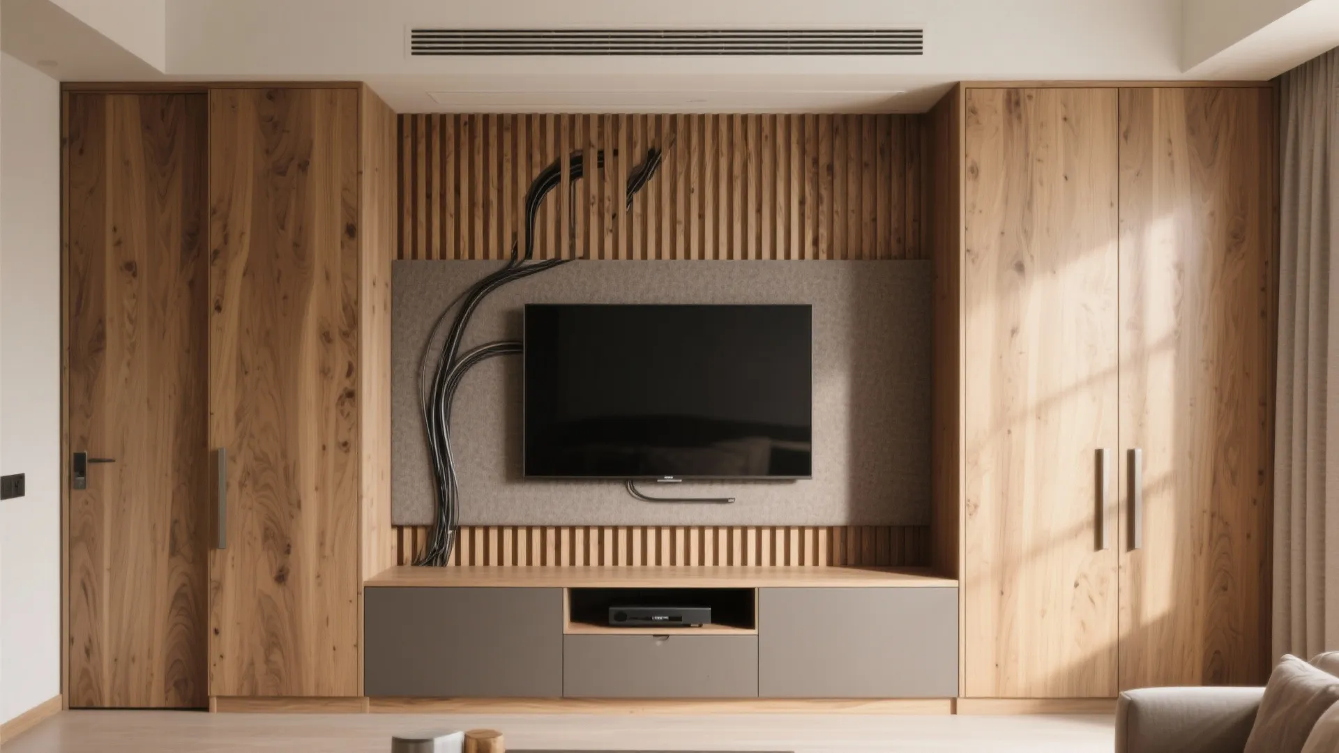 Modern living room wall with black television on wood panel background and tall wooden cabinets