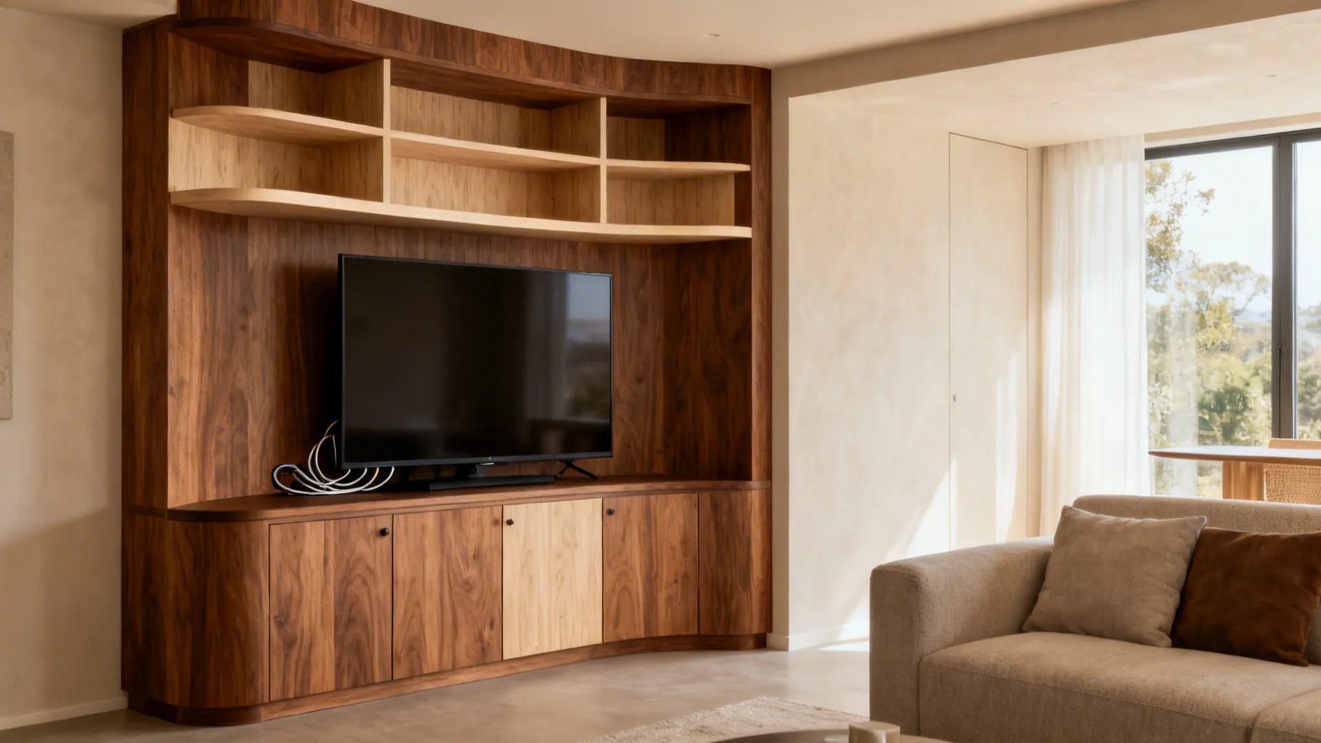 Large wooden wall cabinet unit with television shelves and storage doors next to a grey sofa