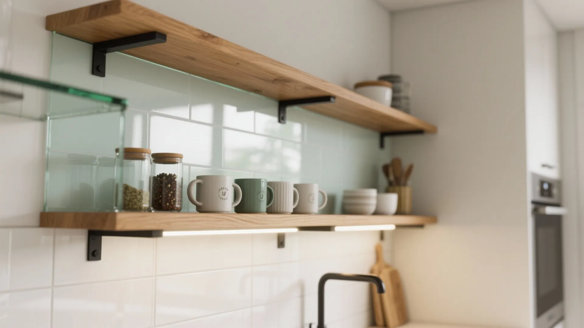 Close up of wooden kitchen shelves with black metal brackets holding mugs and glass jars
