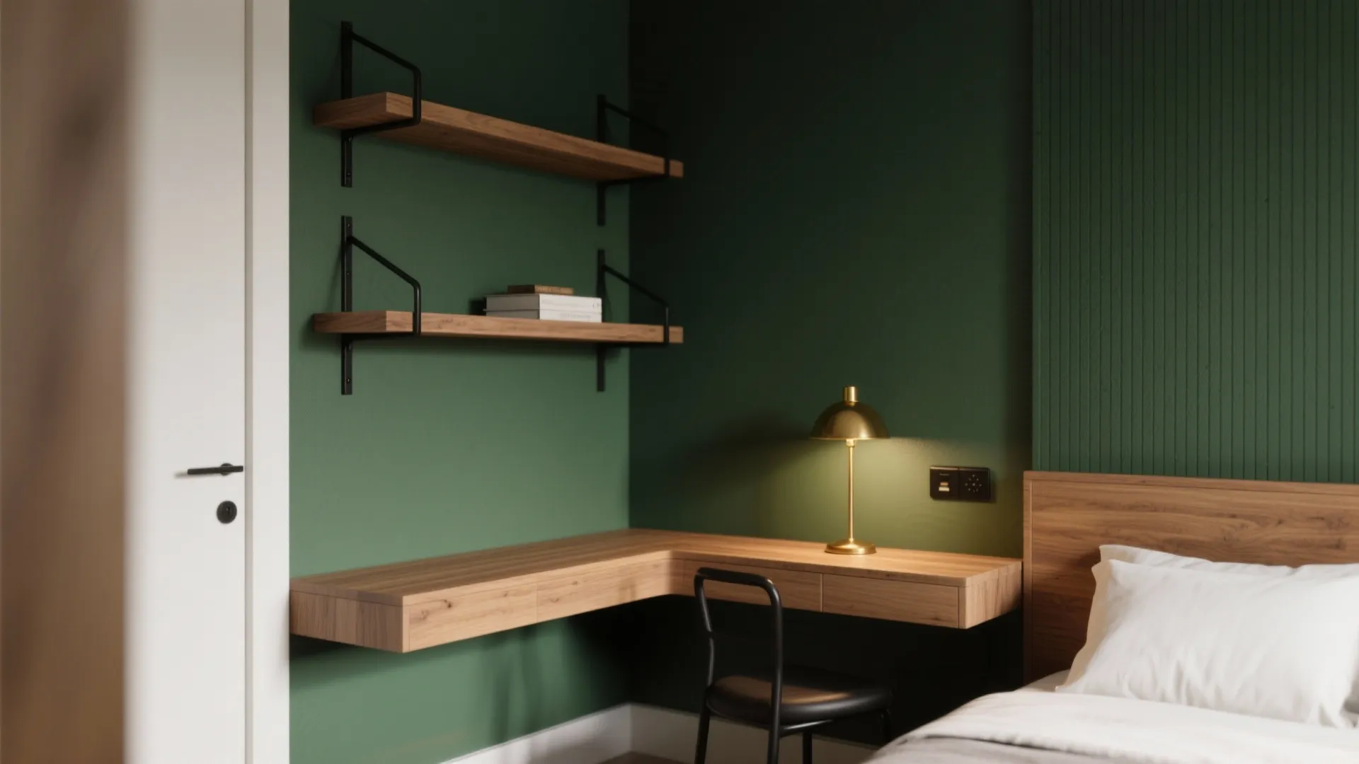 Modern green bedroom interior with wood corner desk black chair gold lamp and wall shelves