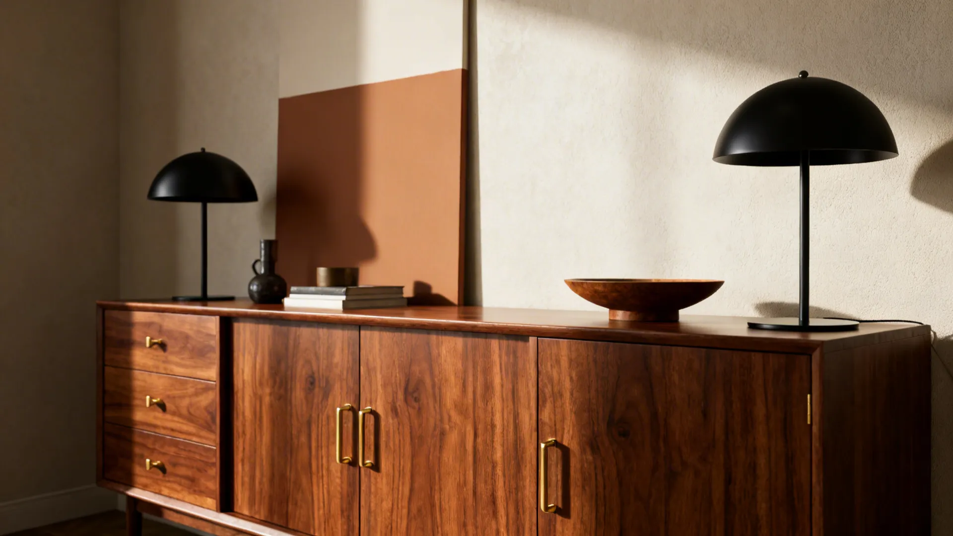 Walnut credenza with brass hardware and matte black accents in a mid-century living room