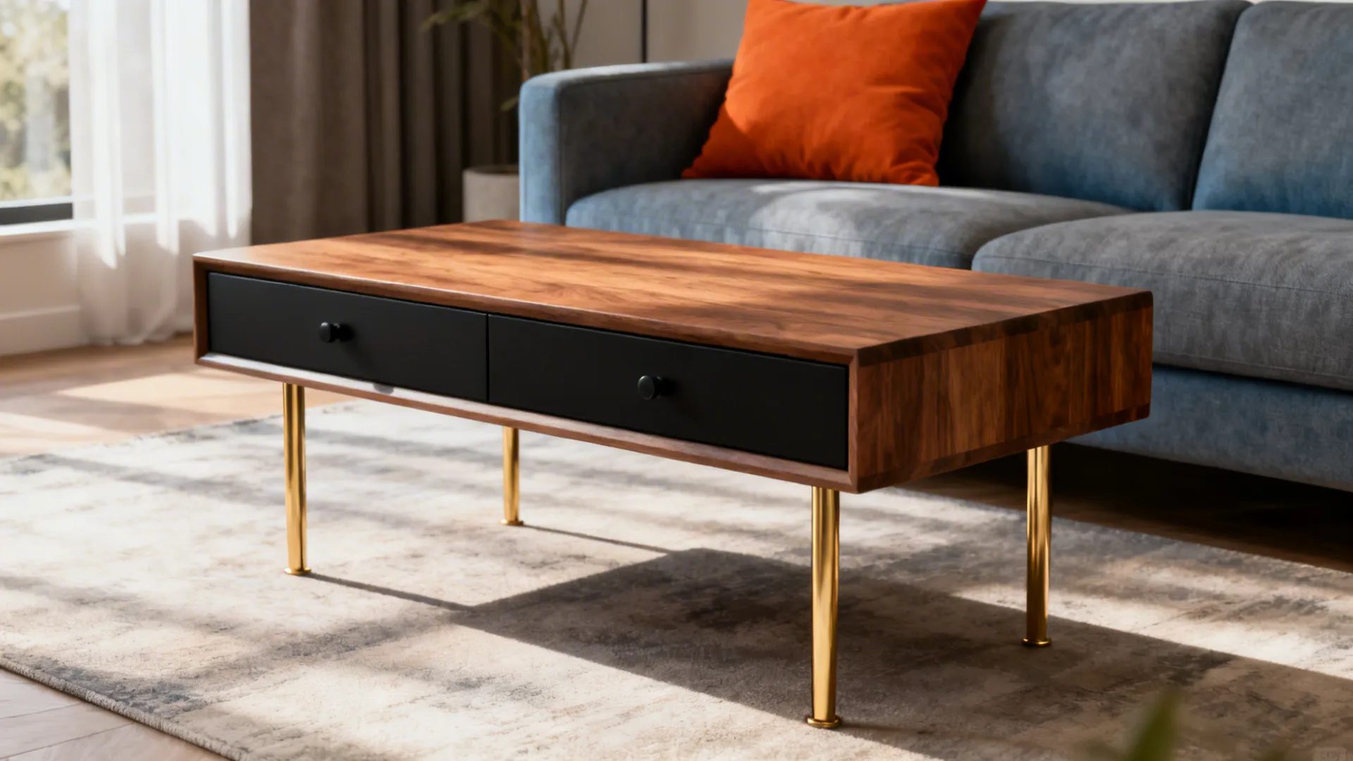 Walnut coffee table with brass legs and consistent metal finishes paired with grey-blue sofa and orange cushion