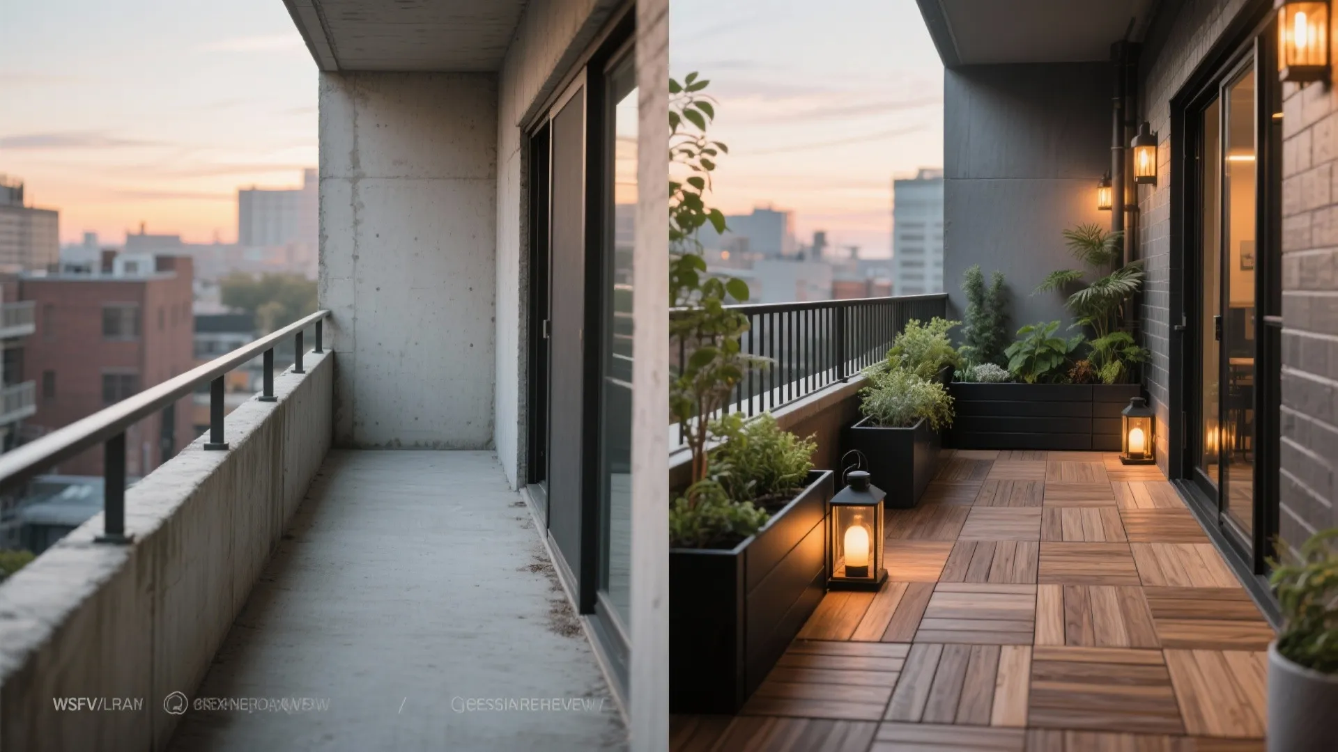 Before and after comparison of an empty concrete balcony versus a renovated wood floor balcony